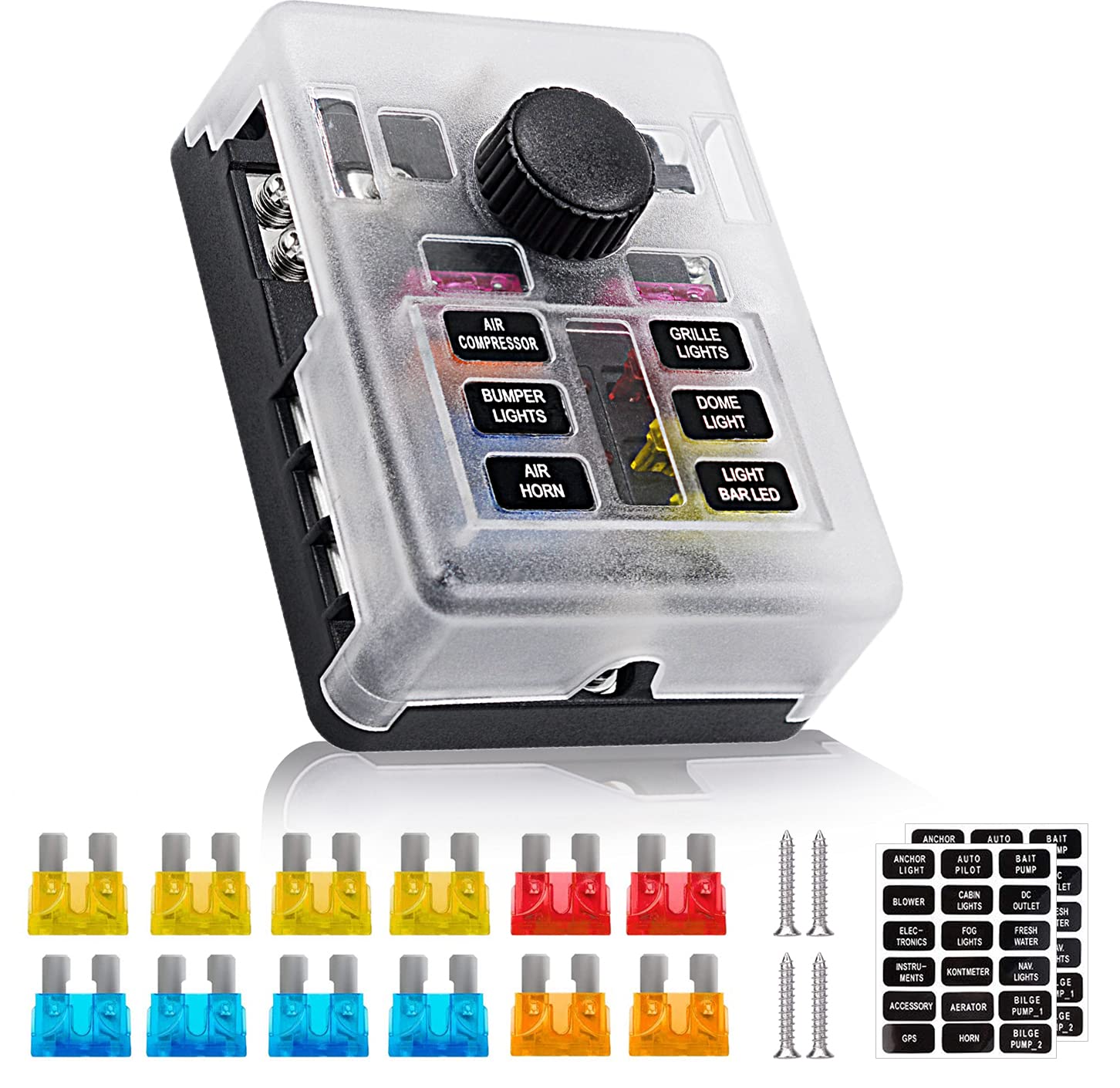 6 Way 12V Fuse Box 12Volt Blade Fuse Block Holder, 6 Circuit W/Negative Bus Waterproof Fuse Box With Led Indicator For 12V/24V A