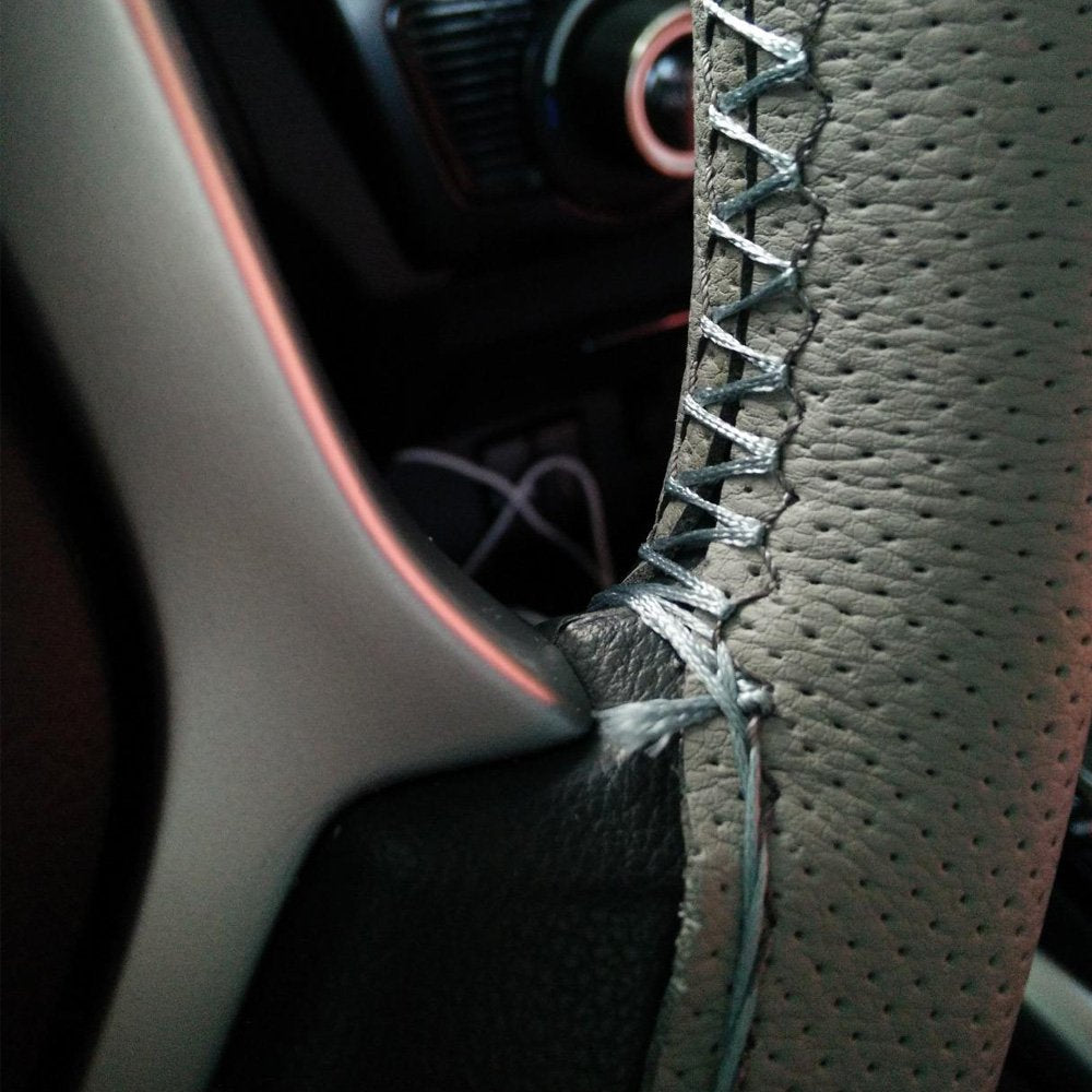 Onerbuy Universal Leather Car Steering Wheel Stitch On Wrap Cover Diy Sewing Breathable And Anti Slip, 15-Inch (Gray)
