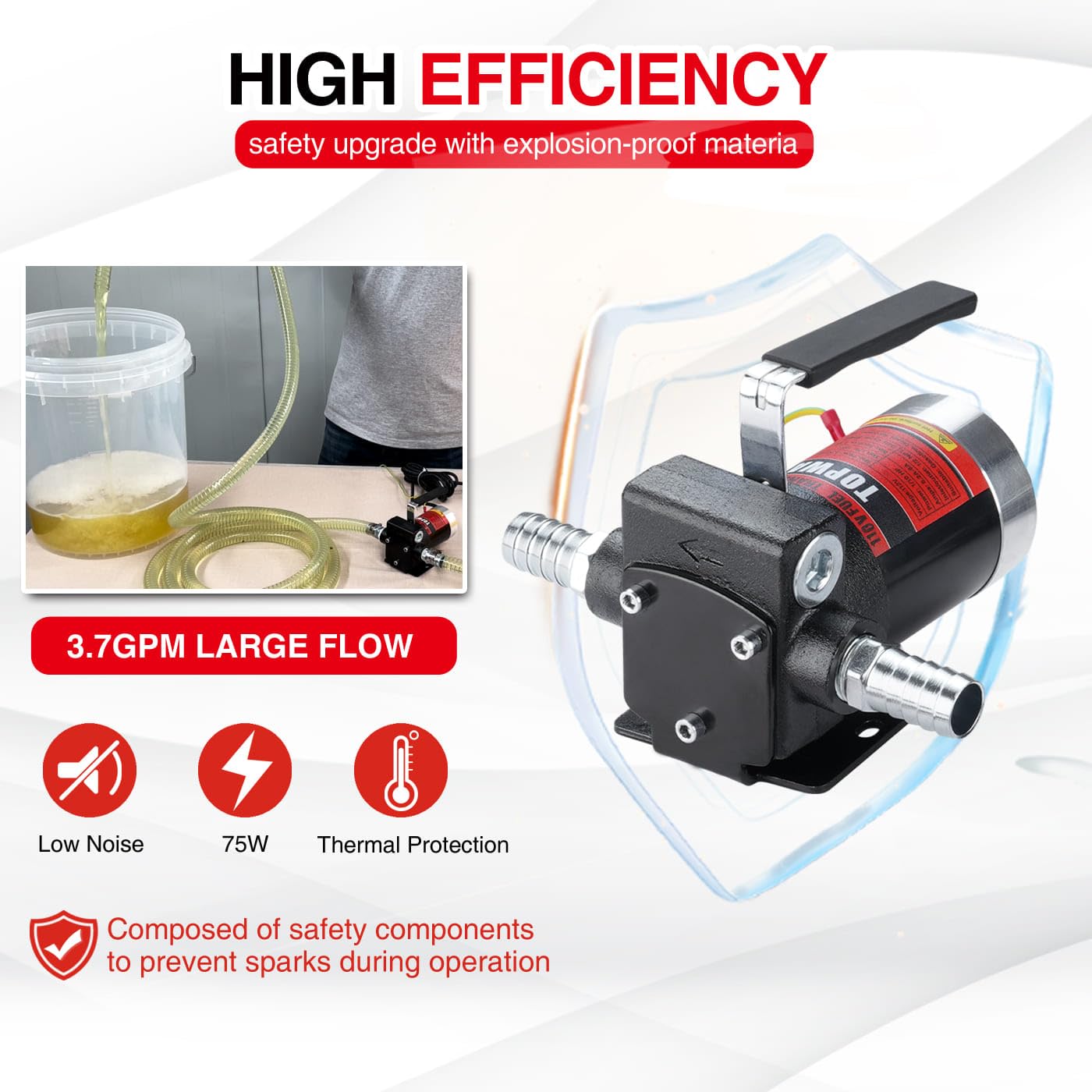 TOPWAY 110V AC Gasoline Fuel Pump, 3.7GPM Self-Priming, Reversible, Explosion-Proof, Black, Model TOP119, Ideal for Fuel Transfer