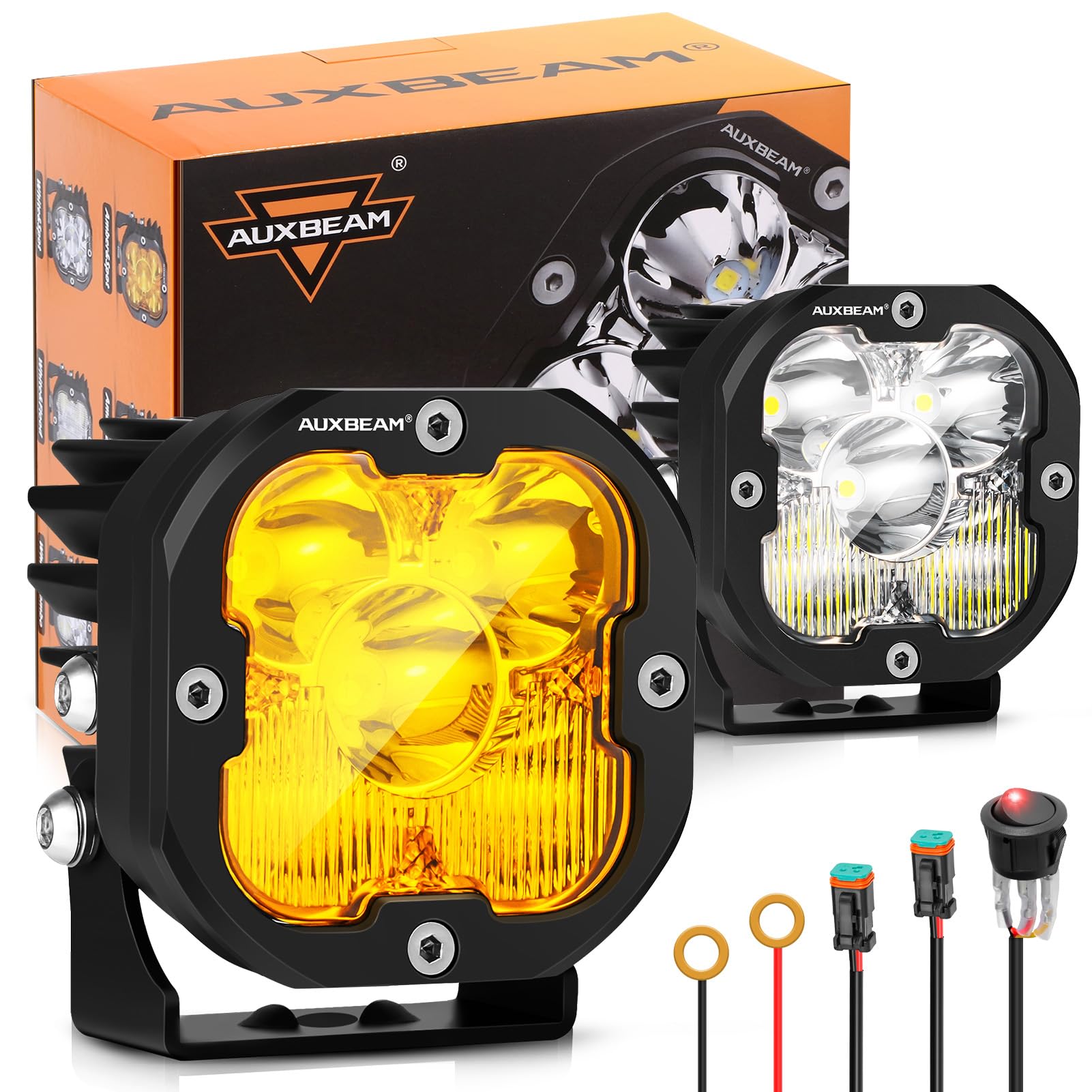 Auxbeam Xp-Ultra Series 3Inch 80W Spot Flood Combo Ditch Lights, 9600Lm Far & Wide Off Road Light Bar Amber White Cube Lights, L