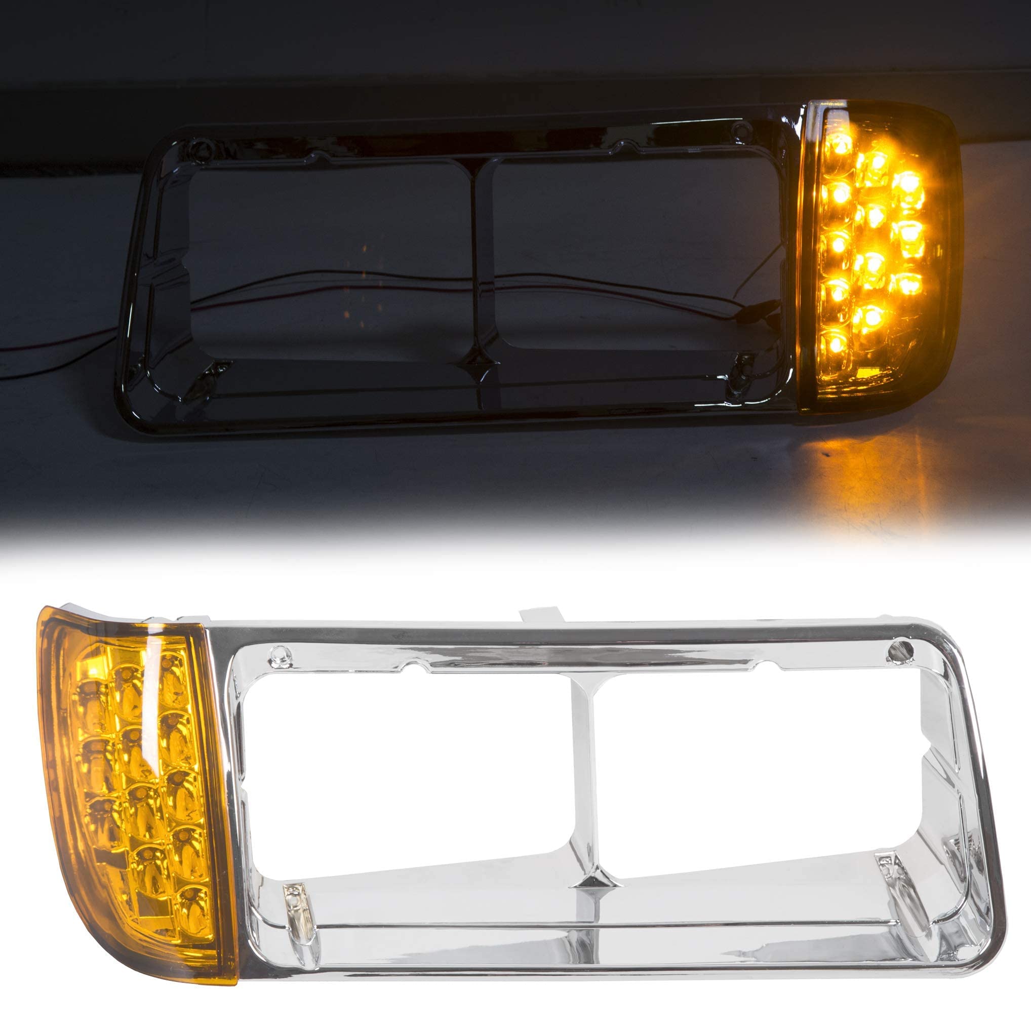 Hecasa Headlight Bezel W/Led Compatible With 1989-2002 Freightliner Fld120 Turn Signal Light Lamp 3 Wires Replacement For A06-20738-000 A06-20738-001