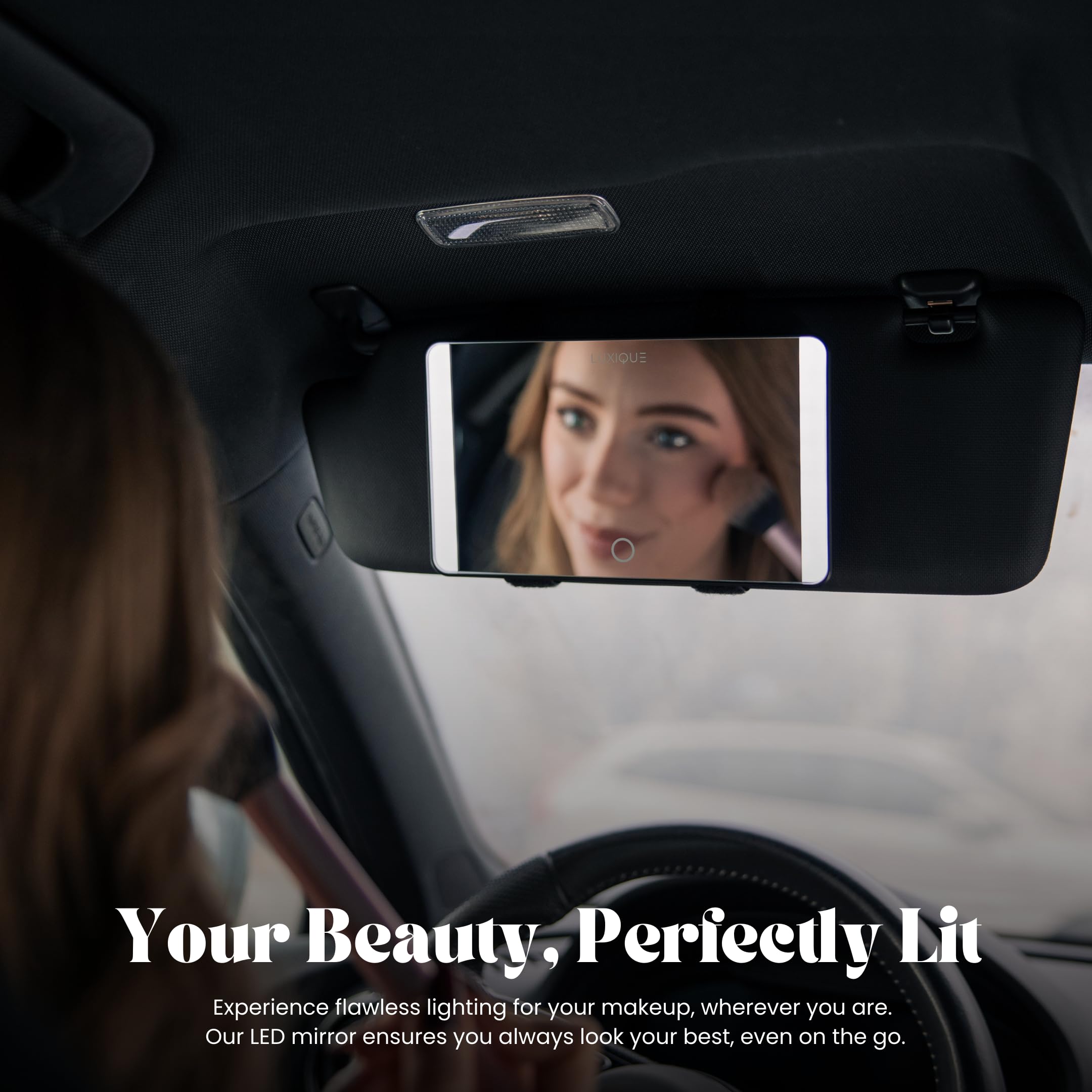 LUXIQUE Rechargeable LED Sun Visor Mirror - 3 Dimmable Light Modes, Portable Makeup and Vanity Mirror, Weather-Resistant, Detach
