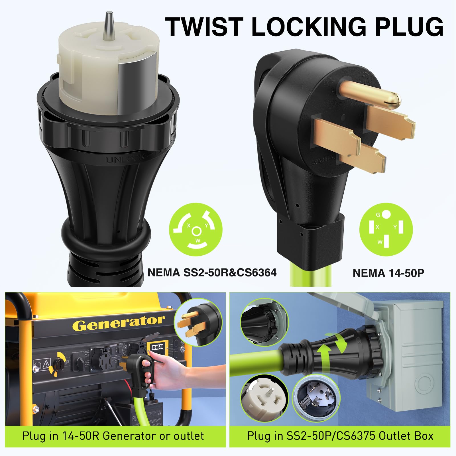 Nilight 25Ft 50 Amp Generator Extension Cord 250V Heavy Duty 6/3+8/1 Gauge Pure Copper Stw Wire Etl Listed 4 Prong 14-50P Ss2-50