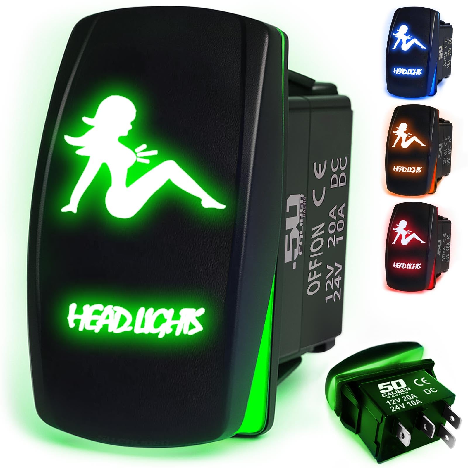 50 Caliber Racing Rocker Switch On/Off Led Backlit -Headlights- Utv, Auto, Boat 20A 12V (5359A9 Green)