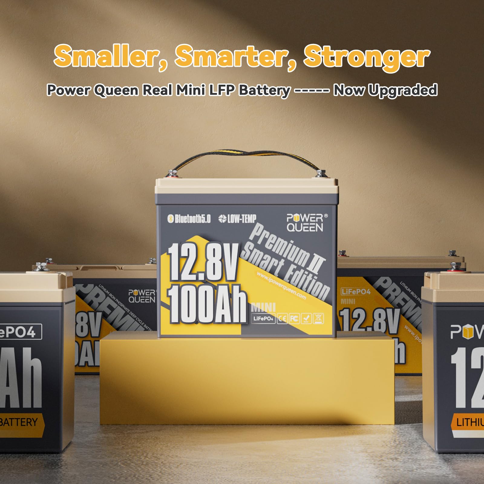 Power Queen 12V 100Ah Mini Lifepo4 Battery With Bluetooth, Low Temp Cut-Off, 12V Lithium Battery 100A Smart Bms, Support Monitor