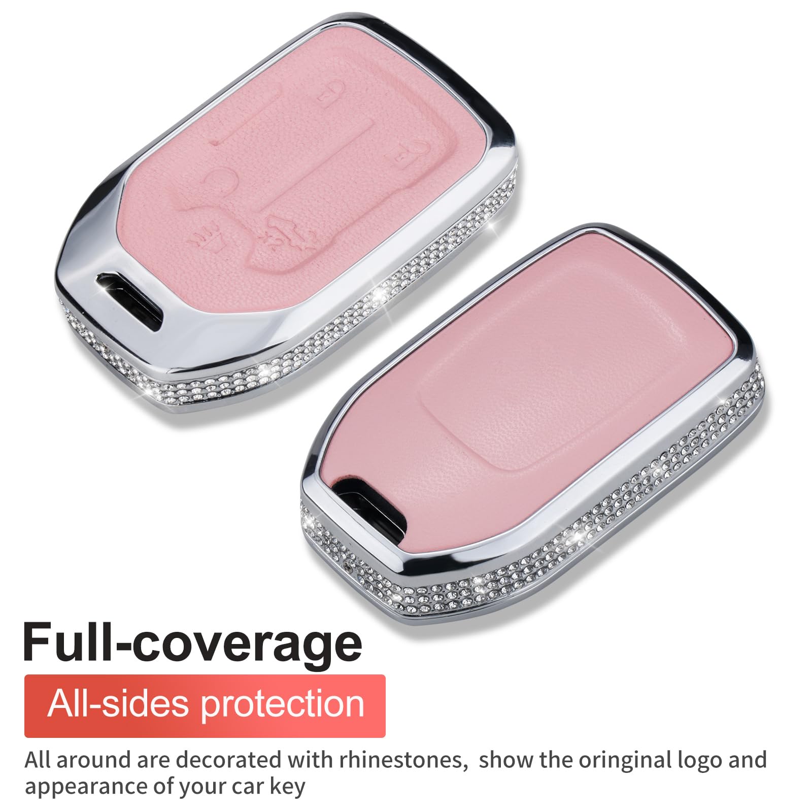 Ruabiban For Gmc Key Fob Cover With Keychain, Pink Leather Crystal Key Case Protection Shell Compatible With Chevrolet Chevy Gmc