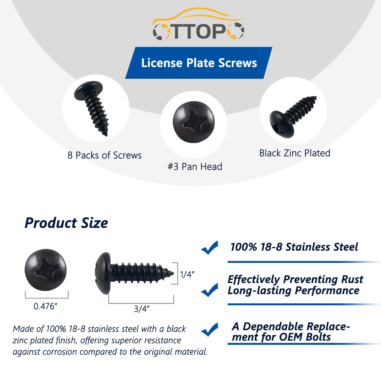 OTTOPO Black License Plate Screws - 18-8 Stainless Steel Phillip Pan Head, 8 Pack for Domestic Vehicles, Front & Rear Bolts