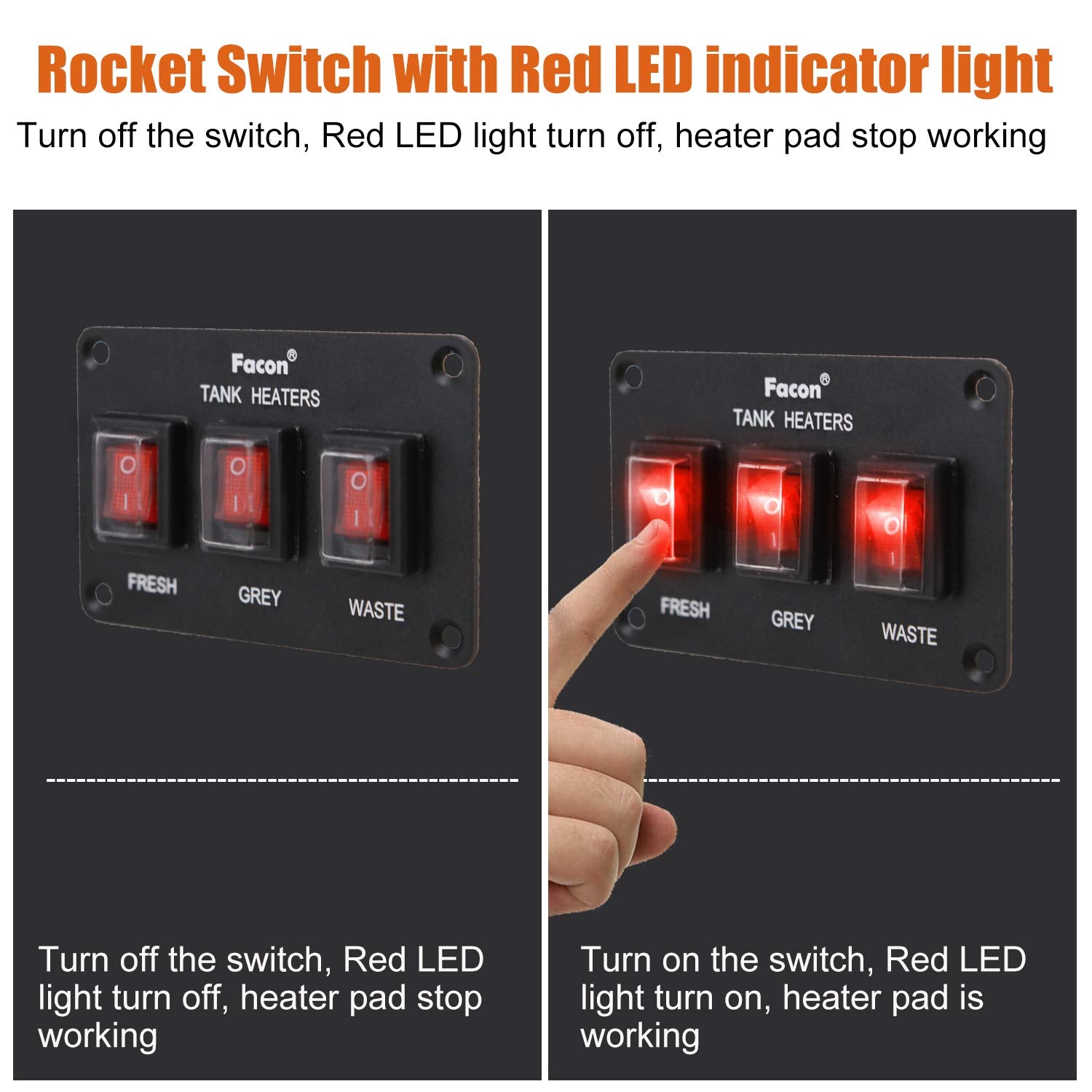 Facon 12Volts Switch Box Panel, 30Amps Rocket On&Off Switch With Red Indicator Light For Rv Tank System, Ip66 Waterproof Control Gang Kit System For Rv Tank Heating Pad