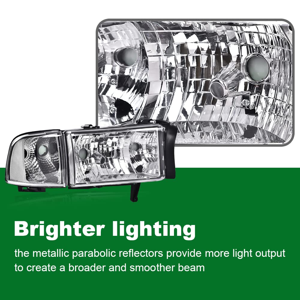 Grand Orange Headlights, Compatible With Dodge Ram 1500 2500 3500 1994 1995 1996 1997 1998 1999 2000 2001 2002 Clear Lens Chrome Housing Clear Reflector