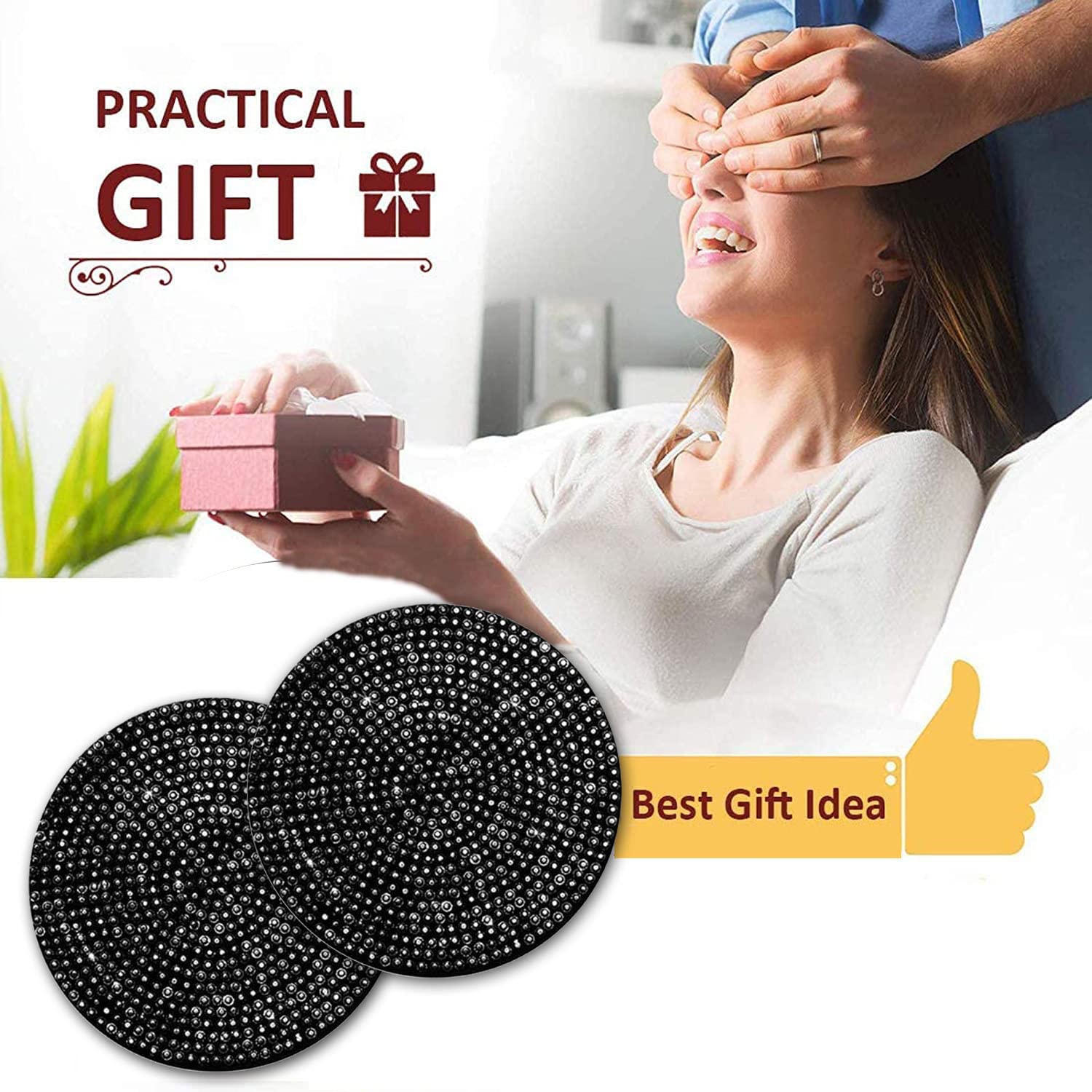 4Pcs Bling Cup Holder Insert Coaster- 2.75 Inch Silicone Anti-Slip Shockproof, Universal Fashion Car Interior Accessories For Women (Black)