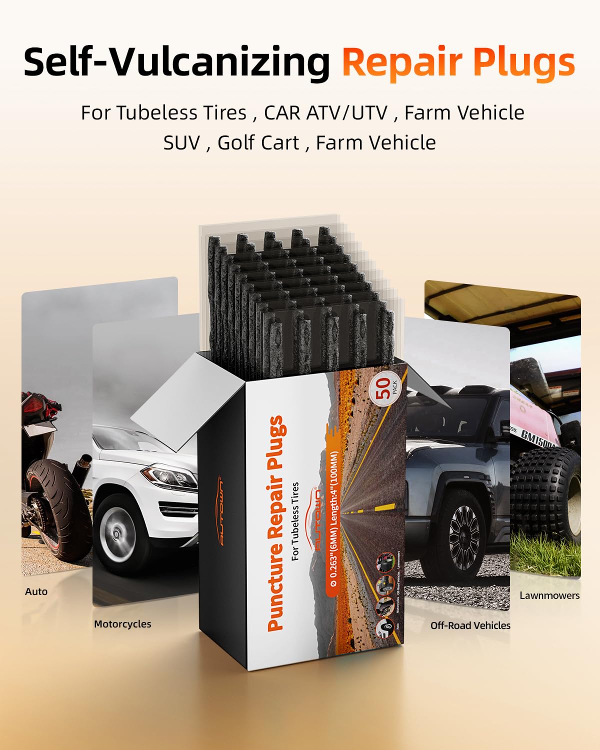 Autown Tire Plugs Heavy Duty (4 '', 50 Pack) - 1/4 '' (6Mm) Tubeless Tire Plugs For Car, Atv/Utv, Professional Tire Repair Plugs