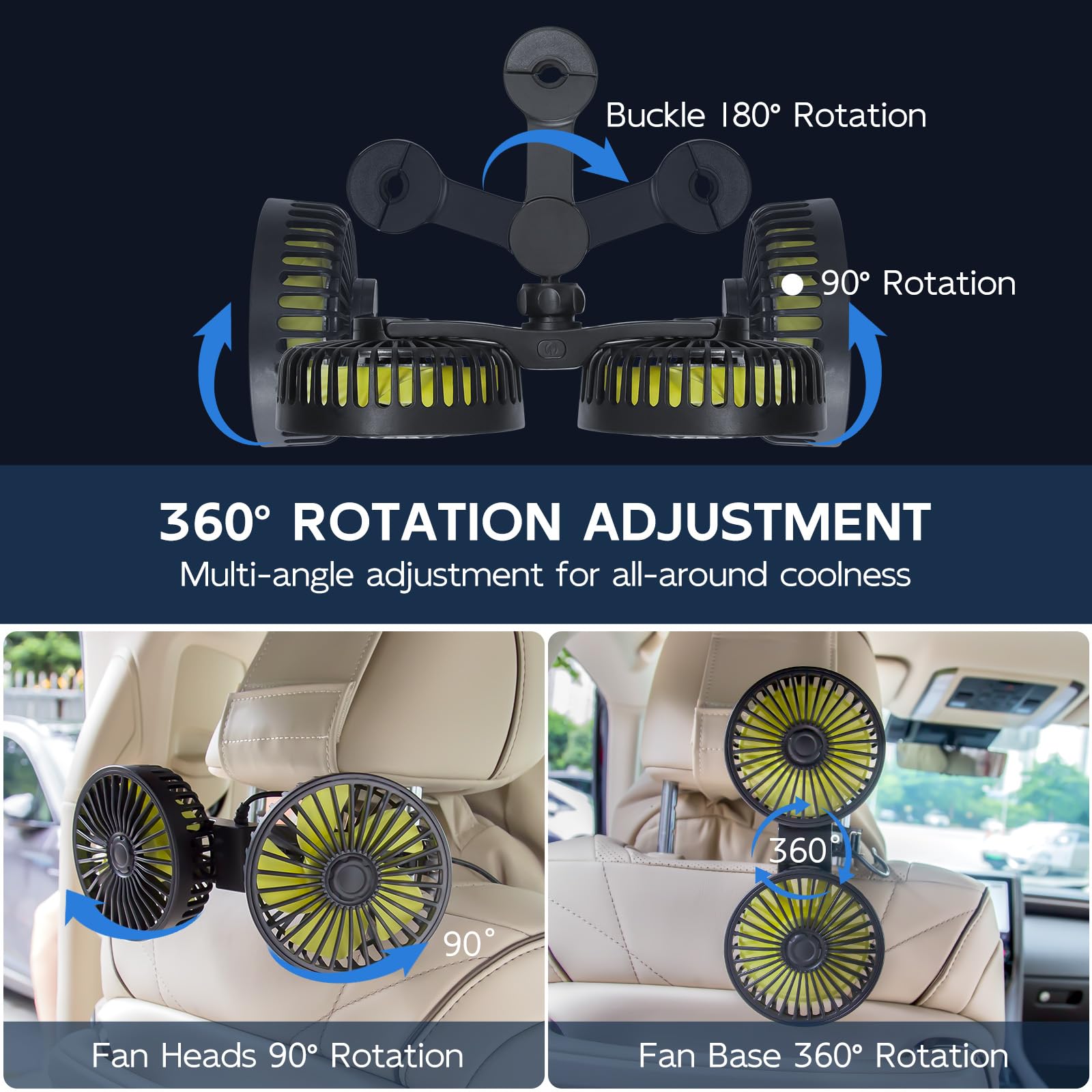 Xool Car Fans For Backseat - Dual Head Usb Cooling Car Fan For Kids, 360 Rotatable Car Rear Headrest Fan, Air Circulation Fan Wi