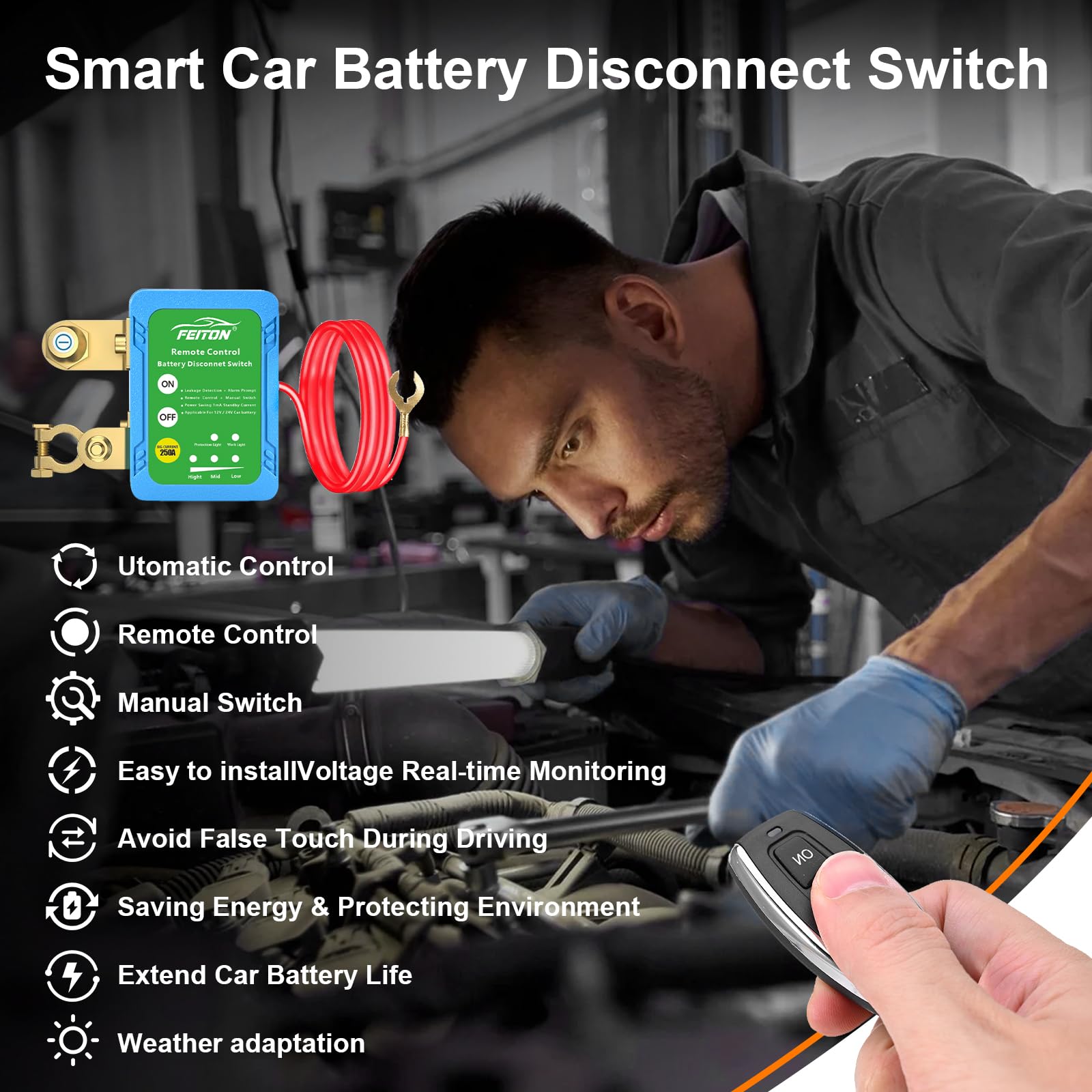 Feiton 250A Intelligent Remote Battery Disconnect Switch, Battery Cut Off Switch 12V 24V Dc, Heavy Duty For Car Rv Truck (1000A