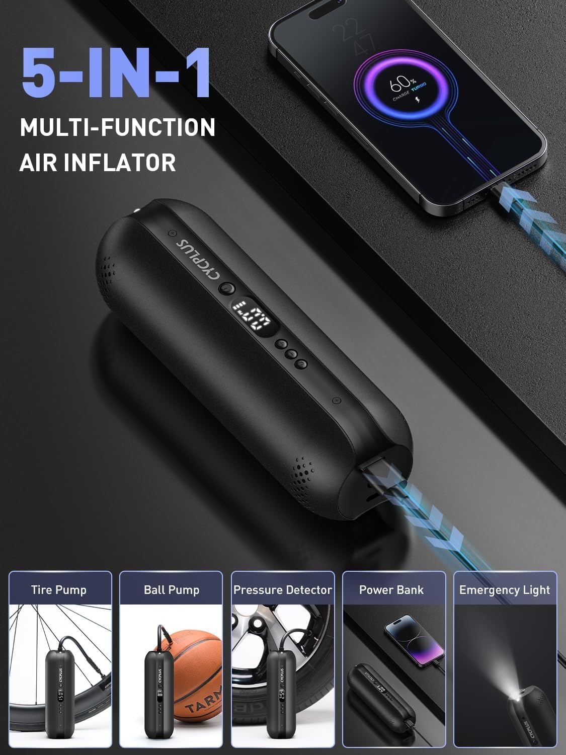 Cycplus Tire Inflator Portable Air Compressor - 150Psi Cordless Air Pump With Digital Tire Pressure Gauge, Accurate Lcd Display