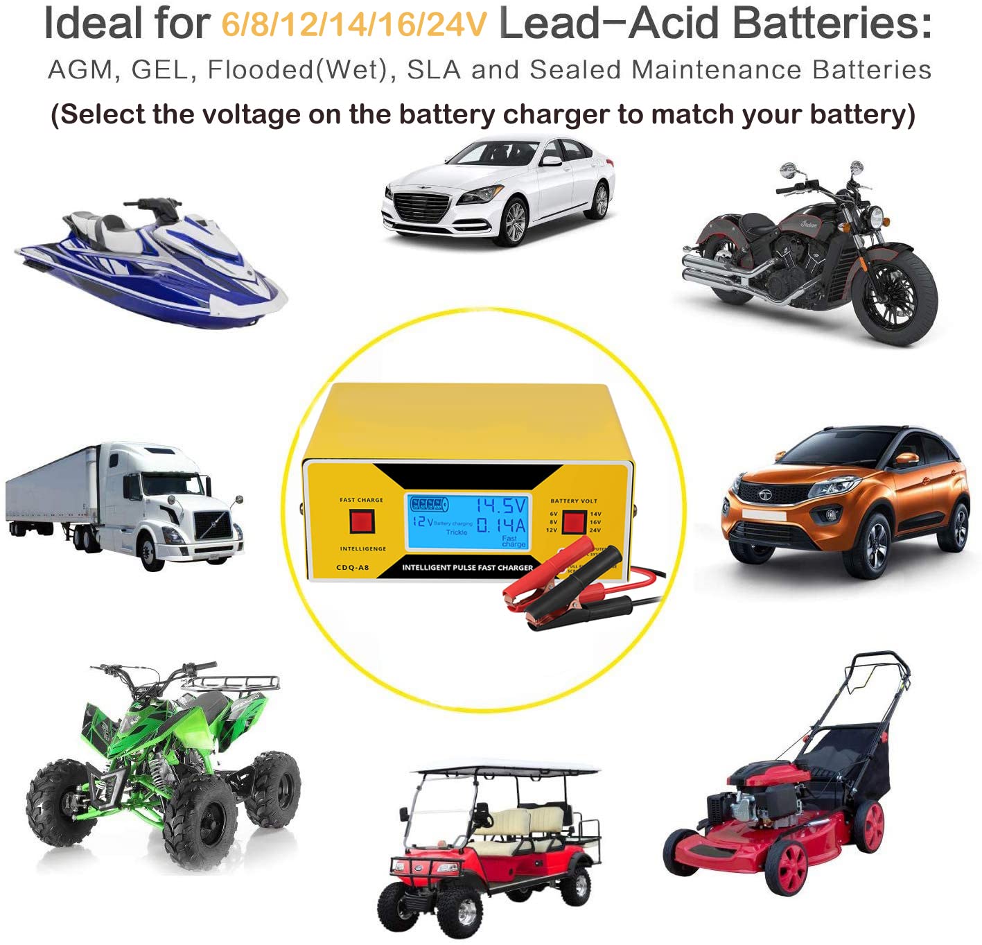 Car Battery Charger Automatic, 6/8/12/14/16/24V Adjustable Voltage Battery Charger 0-10A, Battery Maintainer, Smart Trickle Char