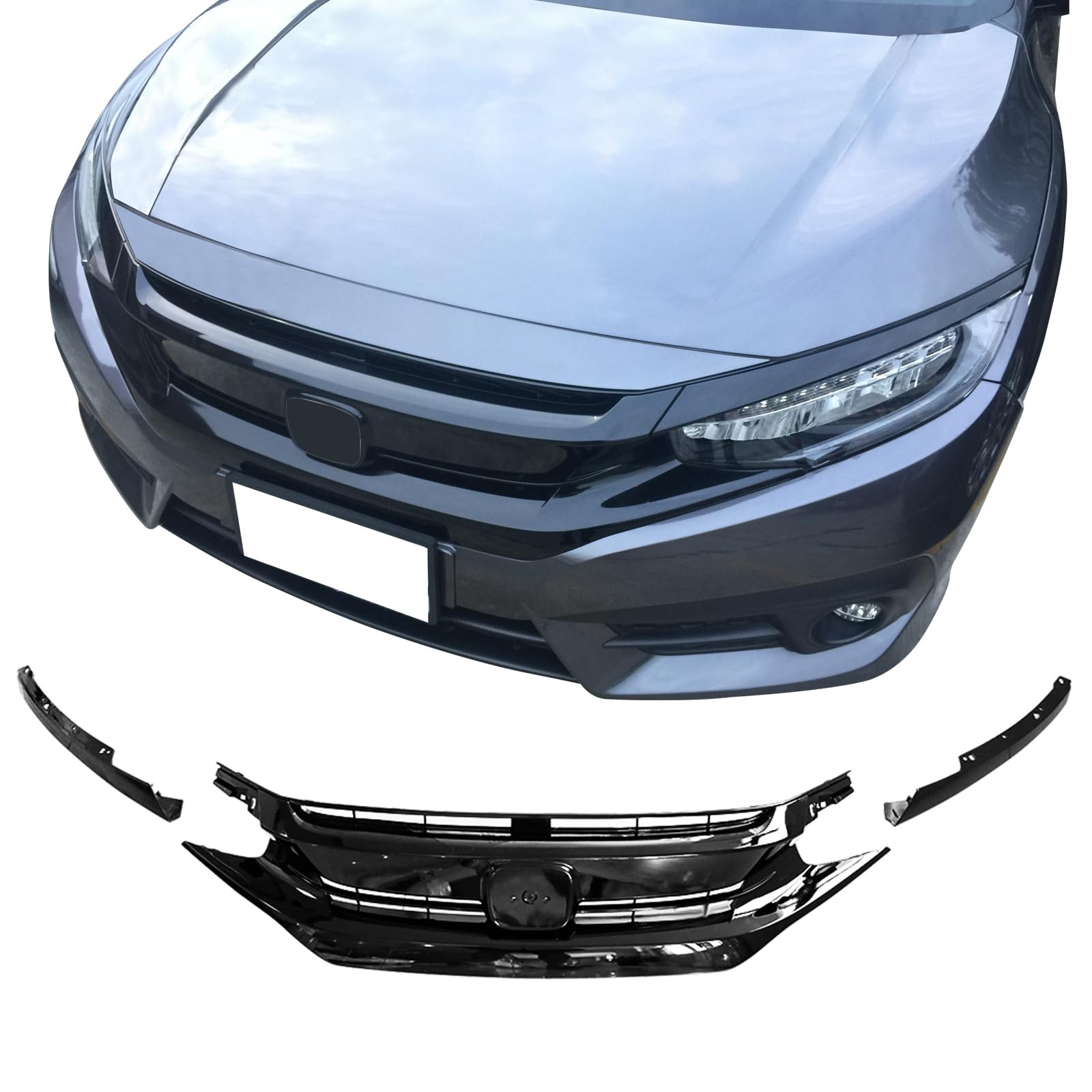 IKON MOTORSPORTS Glossy Black Front Upper Grille for 2016-2018 Honda Civic & 2019-2021 Civic Hatchback SI - 3PCS ABS Bumper Hood Grill