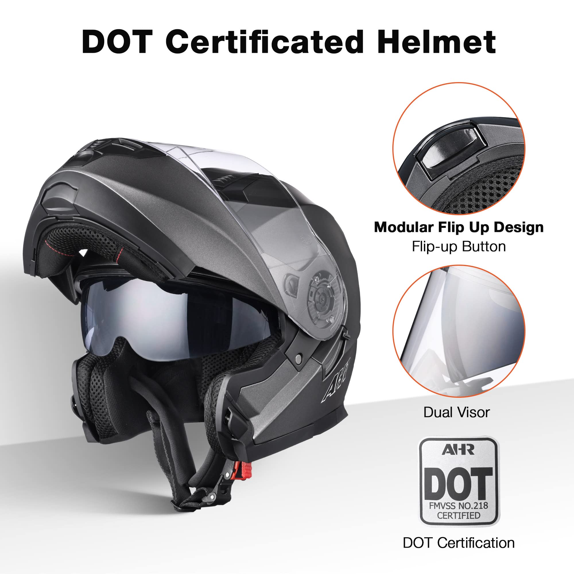 Ahr Motorcycle Helmet Dual Visor Modular Flip Up Full Face Helmet Dot Approved - Ahr Run-M3 For Adult Motorbike Street Bike Mope