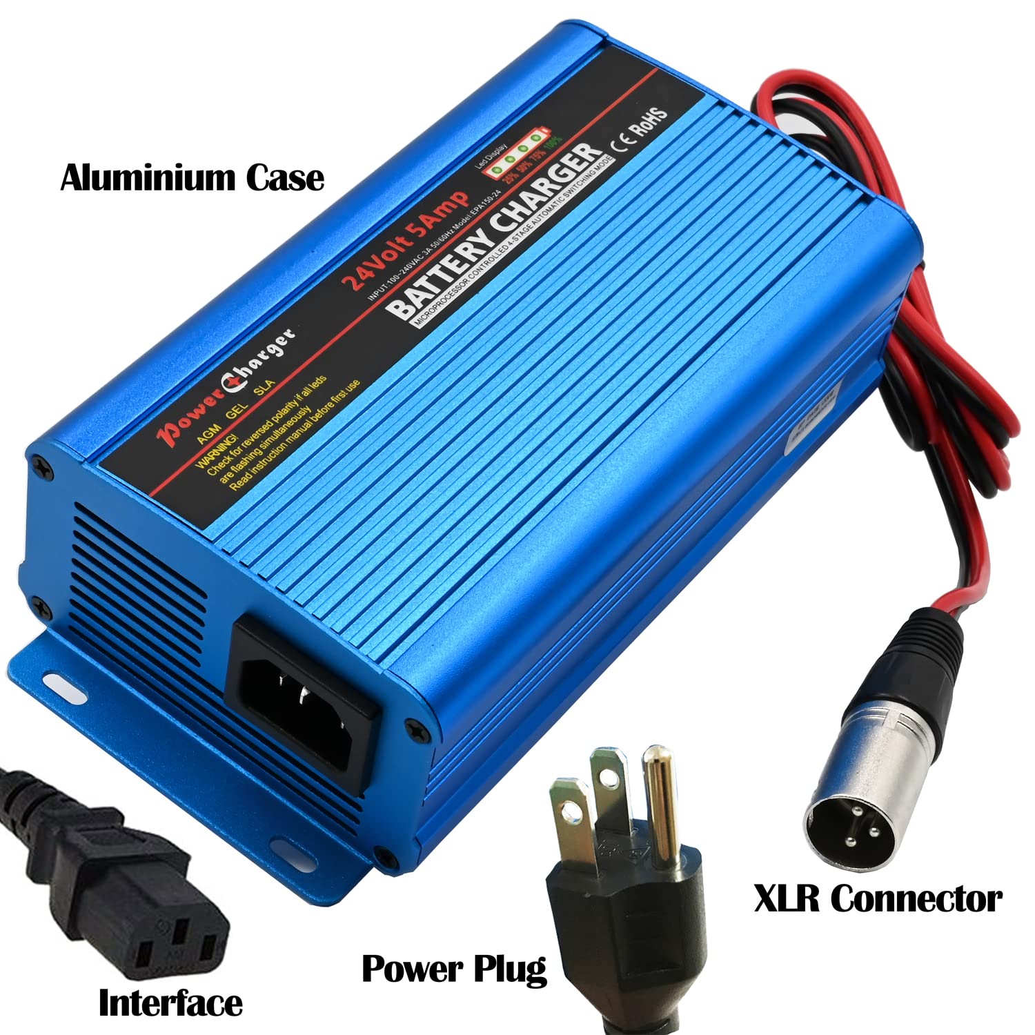 Unocho 24V Battery Charger Automatic Smart Charger 5A Trickle Charger And I/O Switch 3 Pin Xlr Connector Suitable For Charging Agm Gel Lead-Acid Batteries For Cars Wheelchairs Boats