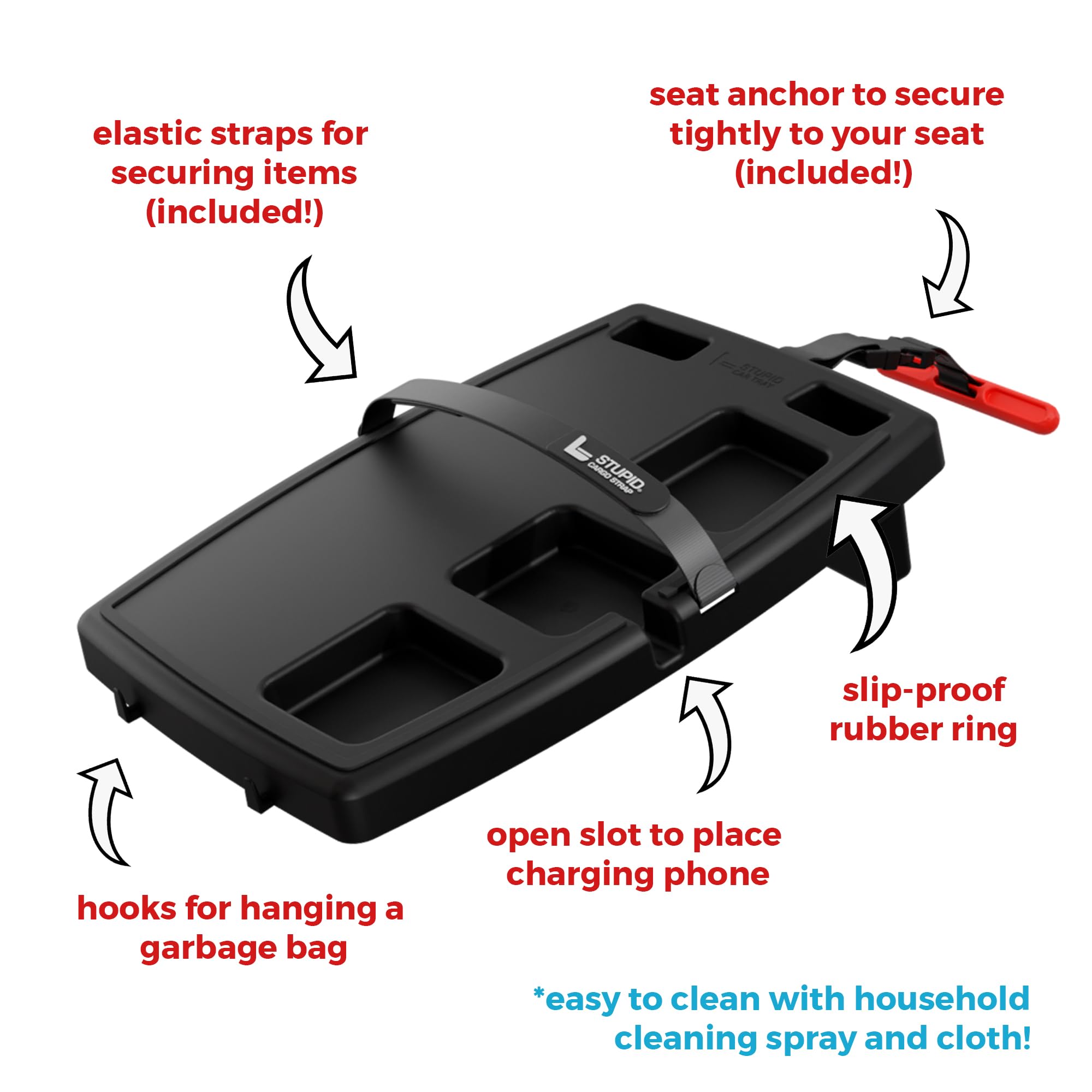 Stupid Car Tray - Classic Car Tray - Ultimate Car Organizer & Mobile Office - Includes 2 Elastic Straps - Quick-Release Seat Anc