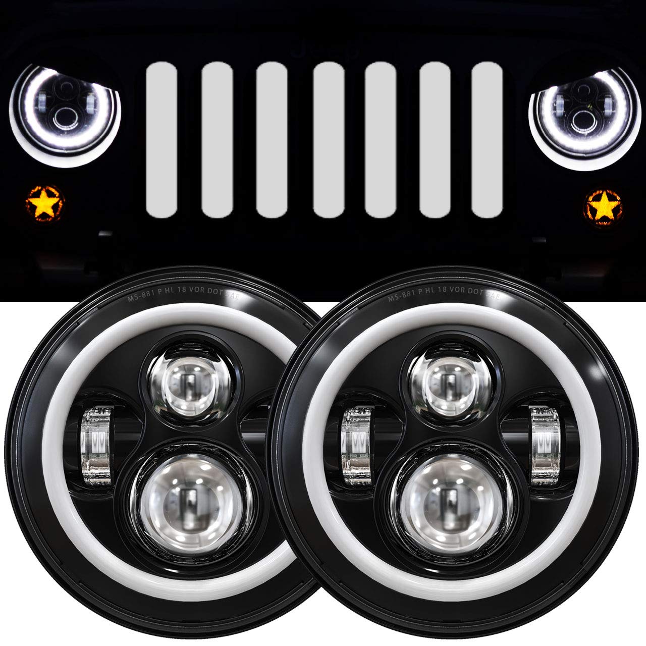 Gxenogo 7 Inch Led Halo Headlights With Turn Signal Amber White Drl Compatible With 2007-2017 Jeep Wrangler Jk Jku Headlamp Replacement-1 Pair Black