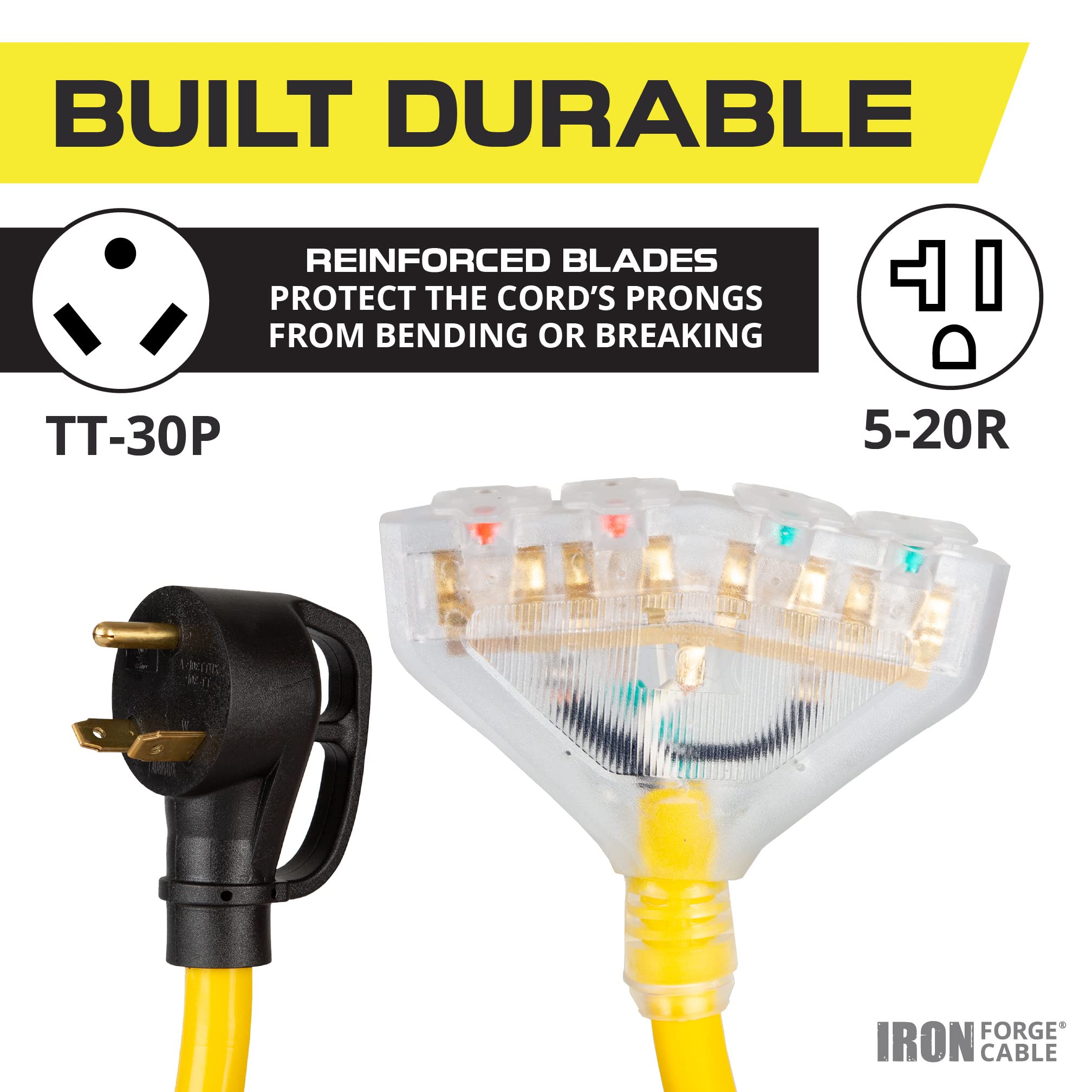 Iron Forge Cable 30 Amp To 20 Amp Rv Electrical Adapter Power Cord, 1.5 Ft - 10/3 Stw Tt-30P Male Plug To 4 5-20R Female Recepta