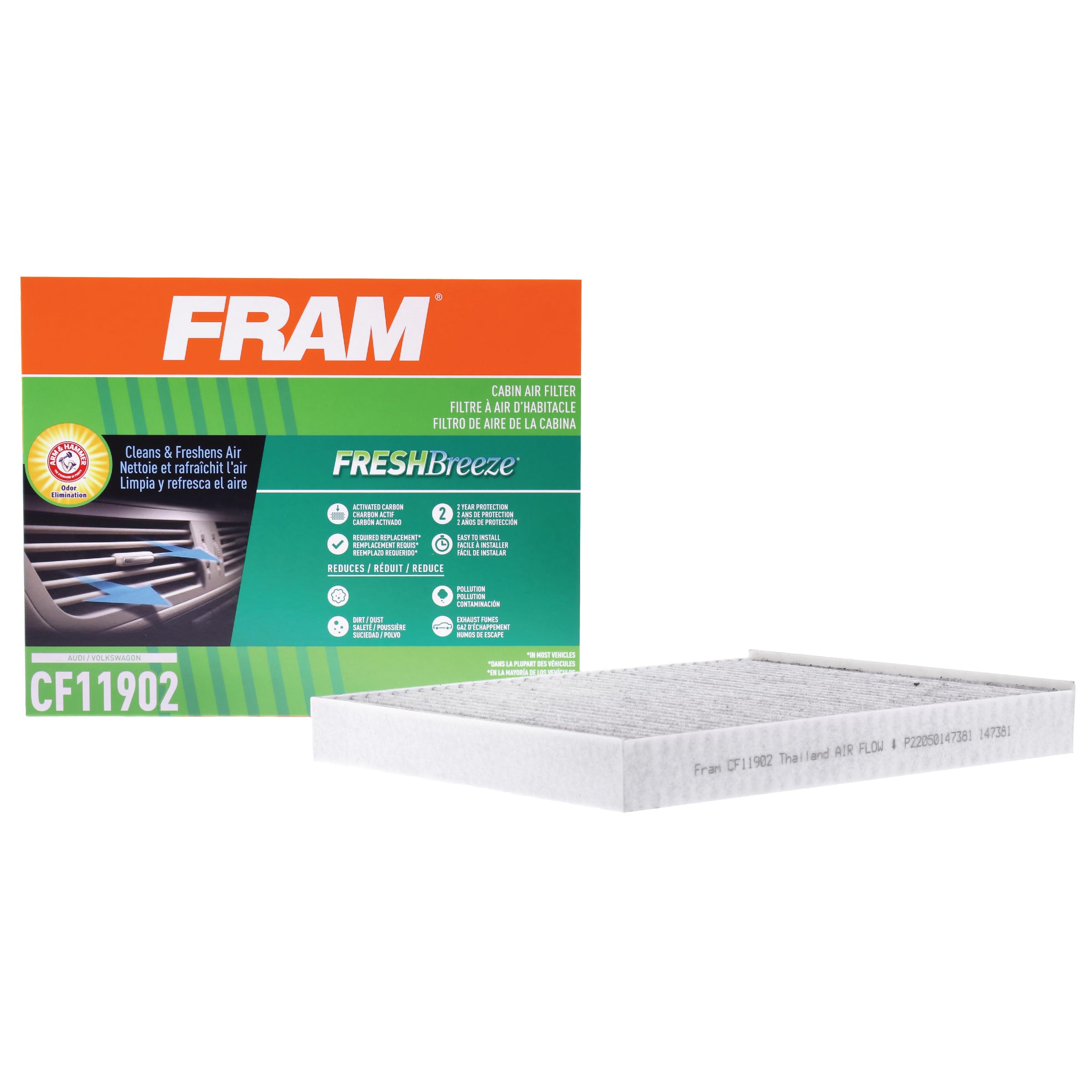 Fram Fresh Breeze Cabin Air Filter Replacement For Car Passenger Compartment W/ Arm And Hammer Baking Soda, Easy Install, Cf1190