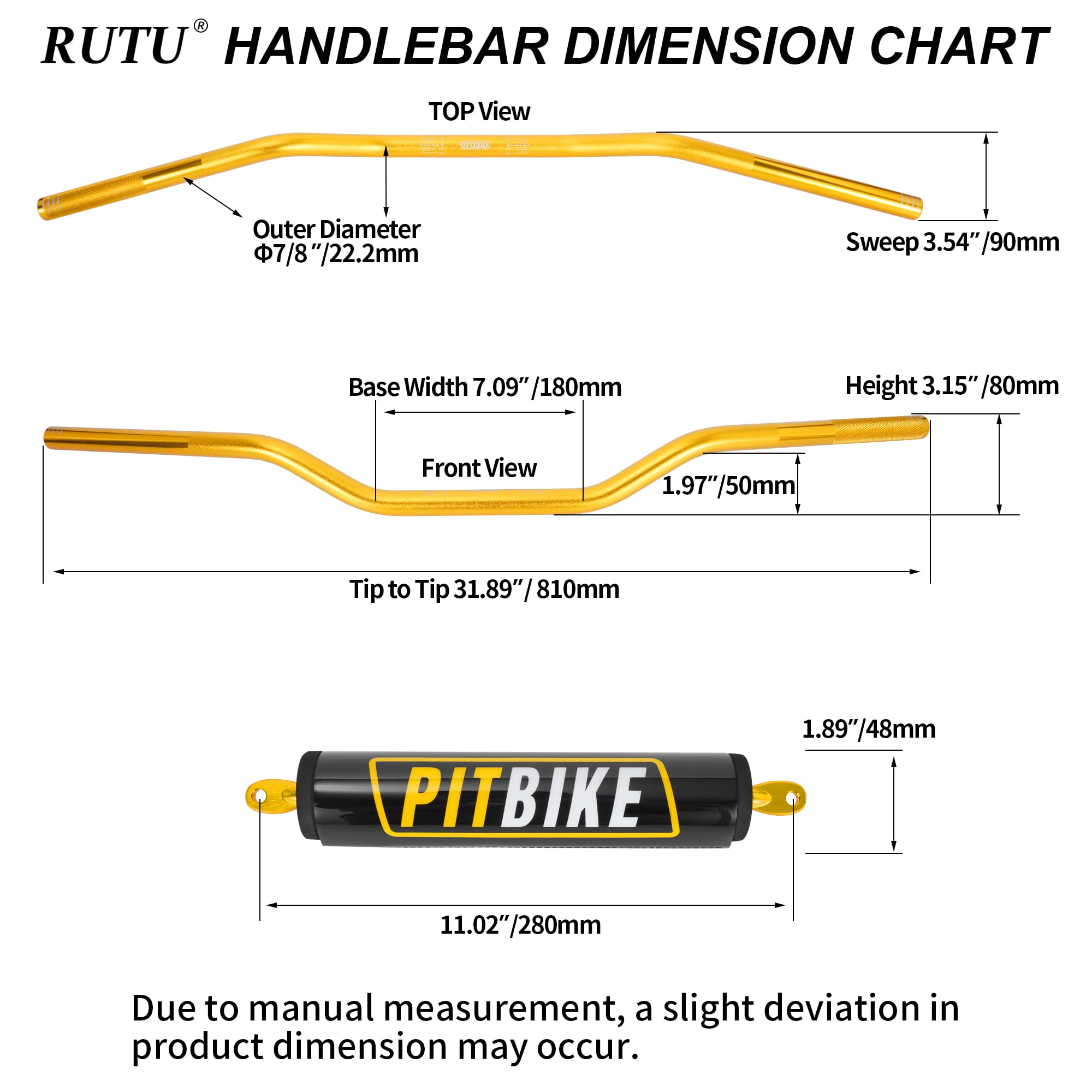 Motorcycle Handlebars 7/8 Inch,RUTU Universal Dirt Bike Handle Bar with Crossbar Pad Low-Rise Drag Bar for Motocross ATV Quad-Go