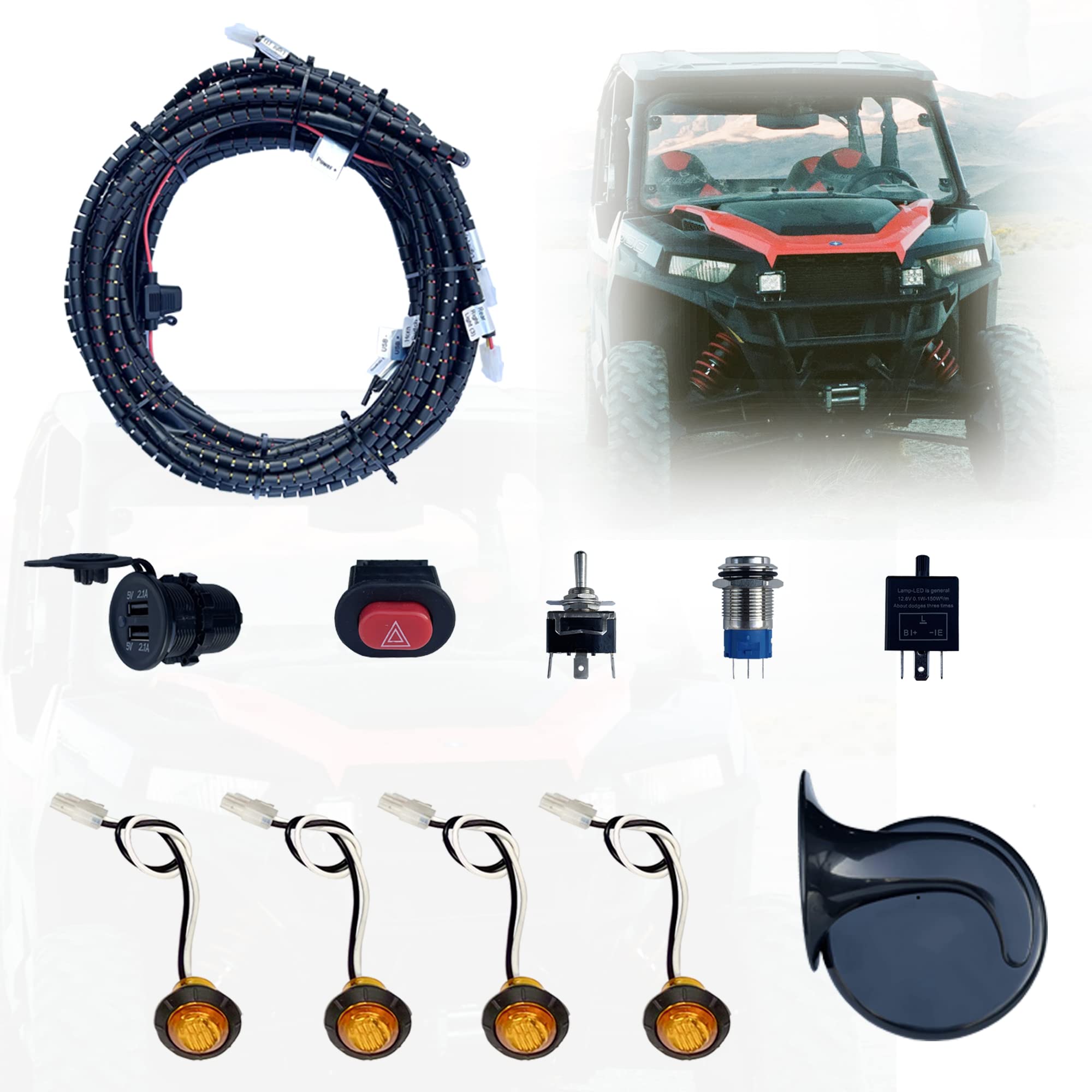 Universal ATV/UTV Turn Signal Kit, Led Street Legal Kit with Horn, USB Charge and E-Stop Switch, Compatible with Polaris RZR, Ho