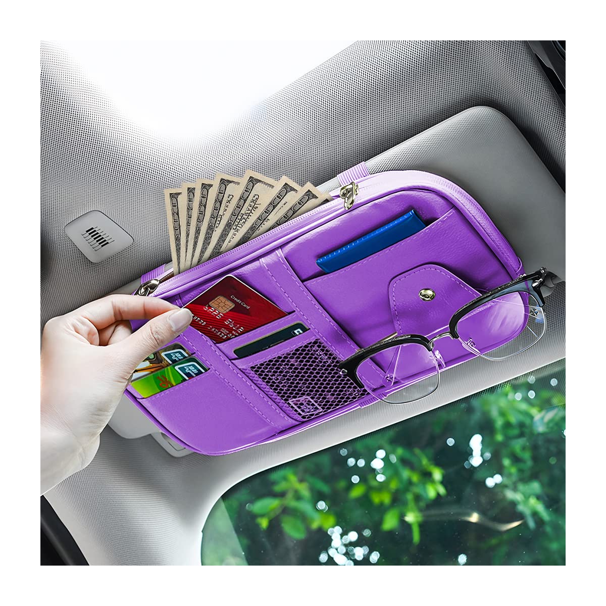 Car Sun Visor Organizer, Sunglass Holder And Storage Pocket, Card Cash Pouch With Multi-Pocket Net Zipper, Case Bag For License 