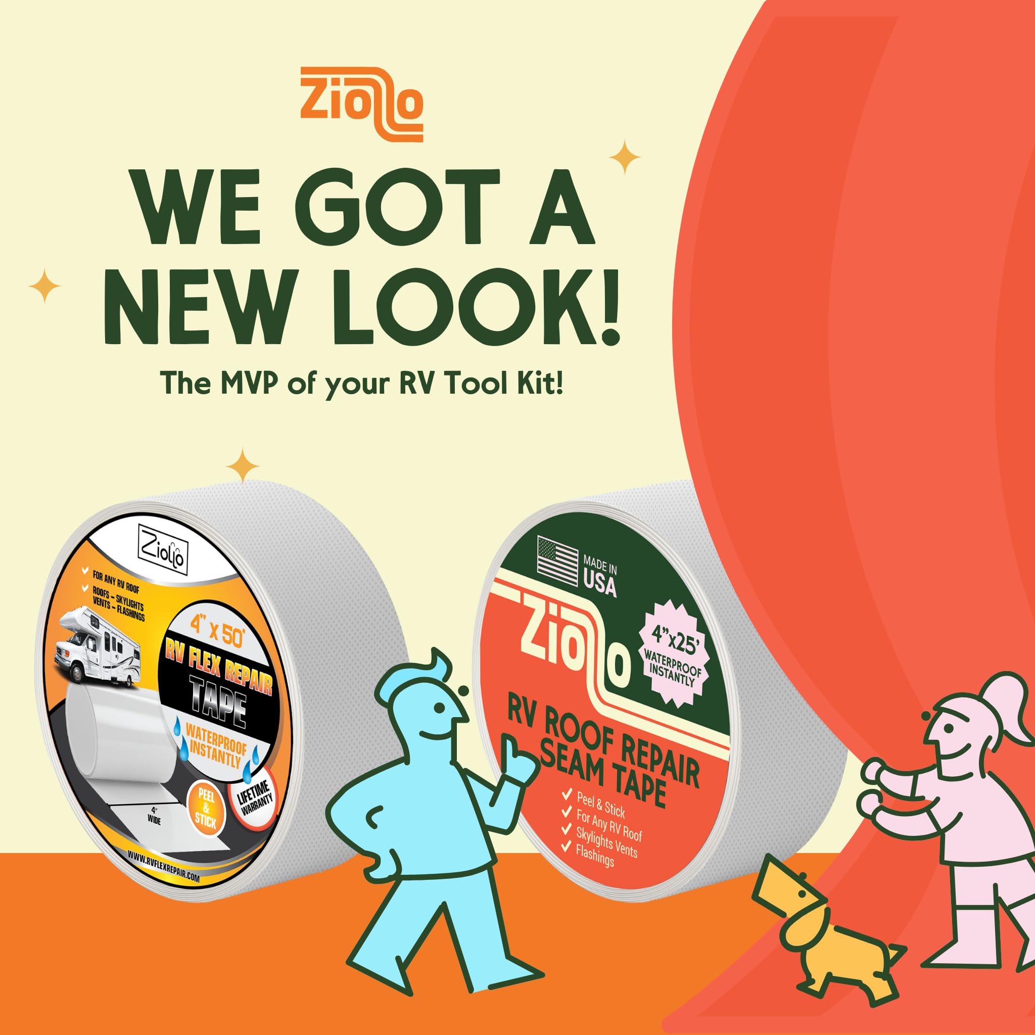 Ziollo Rv Repair Kit With 2 X 10 Oz Of Self Leveling Caulking Lap Sealant & 1 Rv Roof Repair Seam Tape 4'' X 25' - Works On Epdm