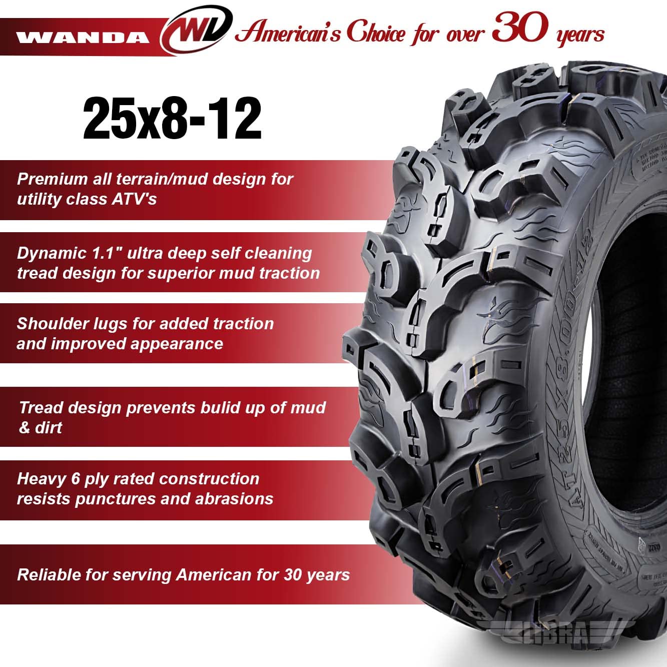 Wanda Set 4 Premium Atv/Utv Tires 25X8-12 25X8X12 Front & Rear Super Lug Mud