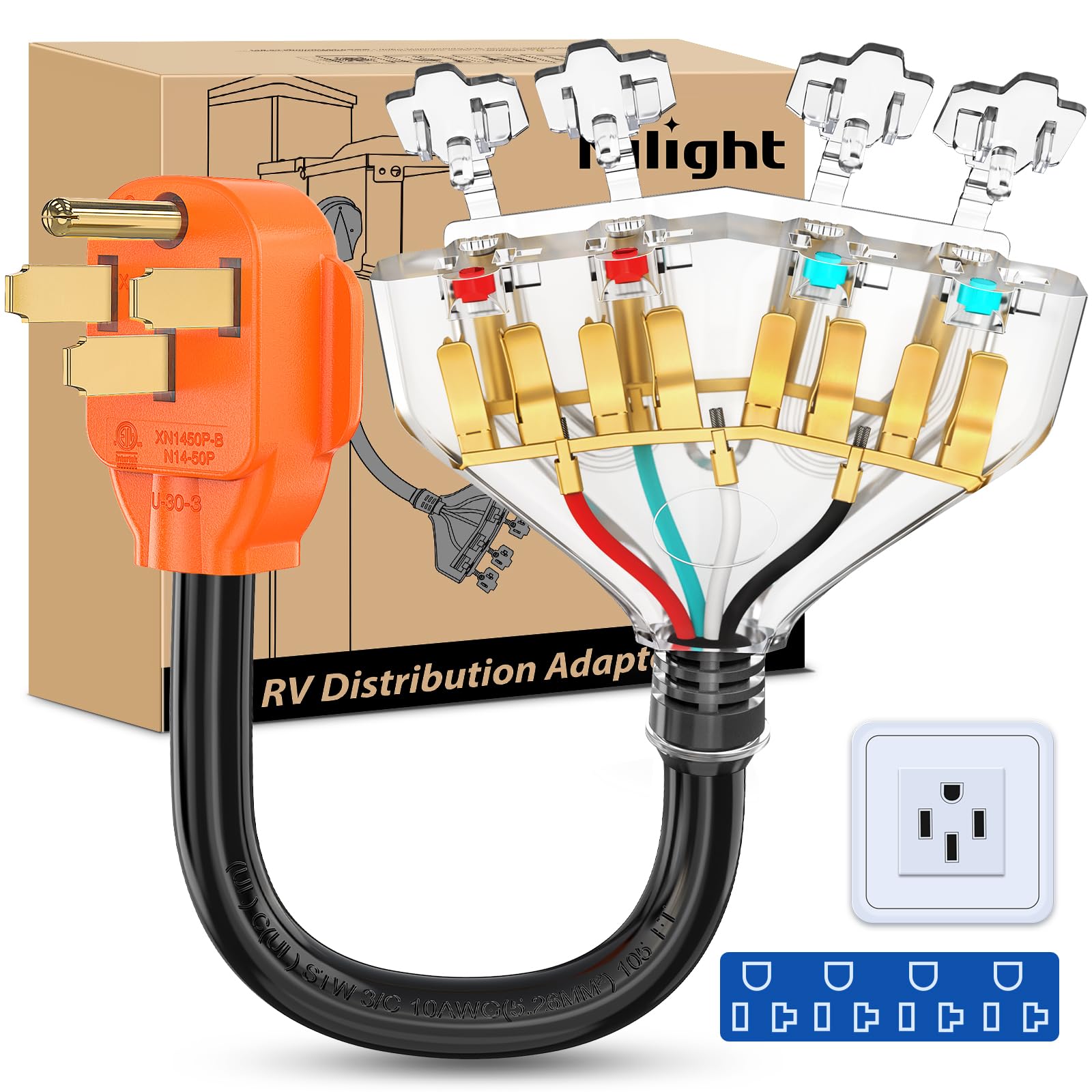 Nilight 50 Amp To 110V Rv Adapter Cord 50 Amp To 20A Rv Distribution Adapter Cord 4 Prong 14-50P Male To 4X 5-15R/5-20R Female E