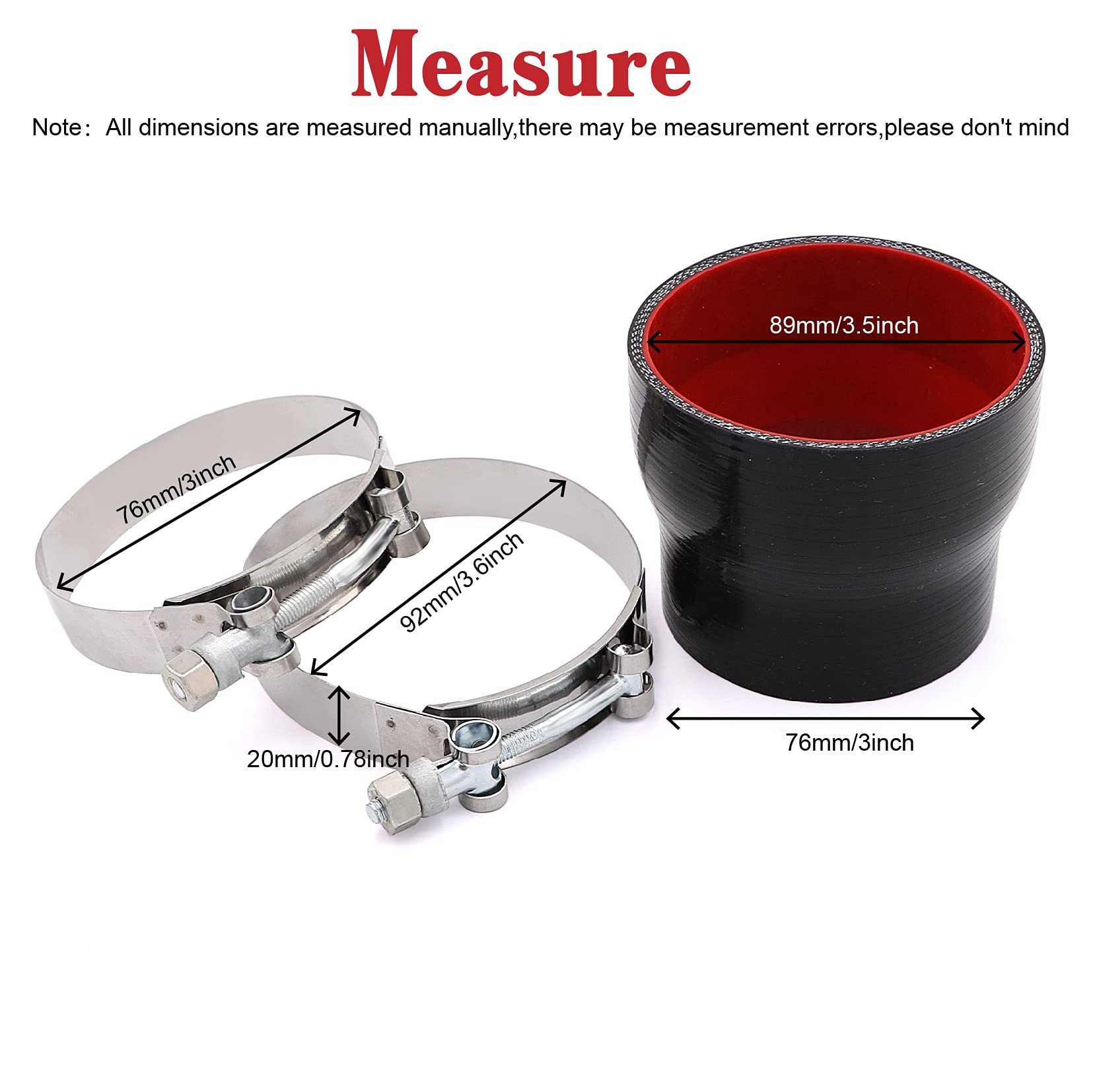 Straight Reducer Coupler Silicone Hose Id 3Inch To 3.5Inch 4-Ply With Stainless Steel T-Bolt Clamp For Turbo/Intercooler/Intake