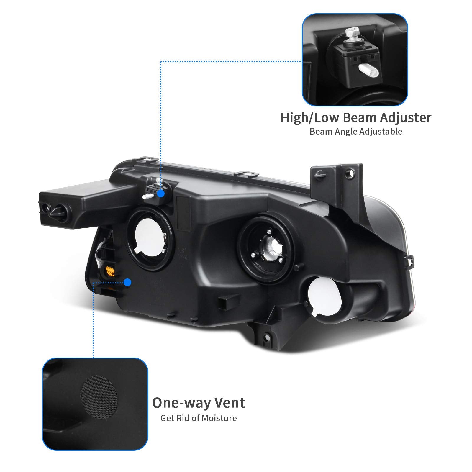 Dwvo Headlight Assembly Compatible With 2006-2010 Dodge Charger Black Housing Amber Reflector (Driver & Passenger Side)