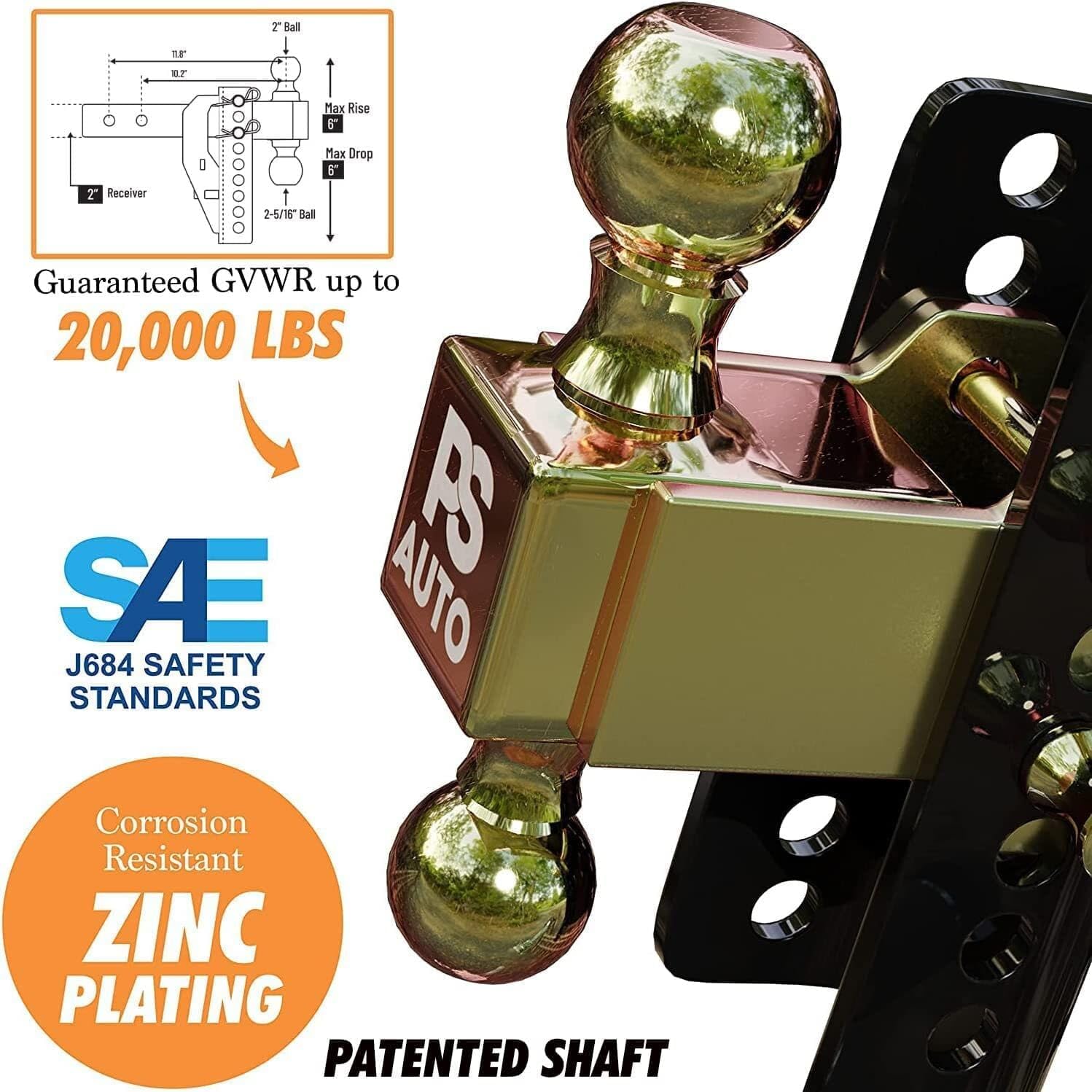 Adjustable Drawbar Trailer Hitch - 20,000 Lbs, Fits 2 And 2-5/16 Inch Balls, Us Gov Tested & Certified, For Rv Towing, Motorcycl