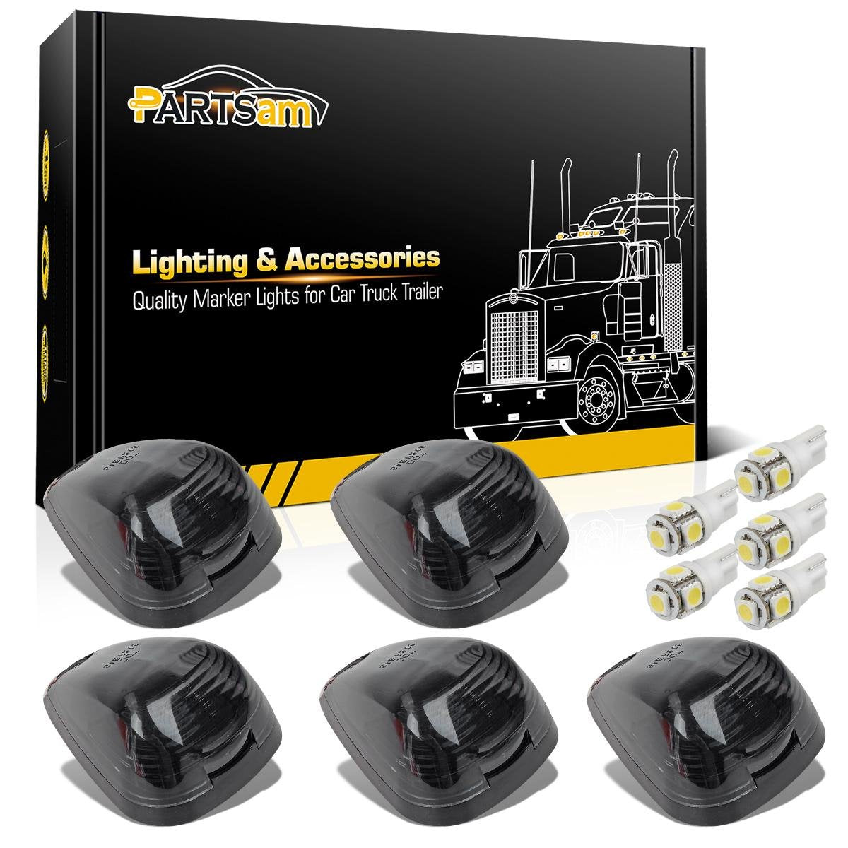Partsam 5X Black Smoke Lens Cab Roof Marker Running Lamps w/White LED Lights Compatible with Ford F150 F250 F350 F450 F550 F650 