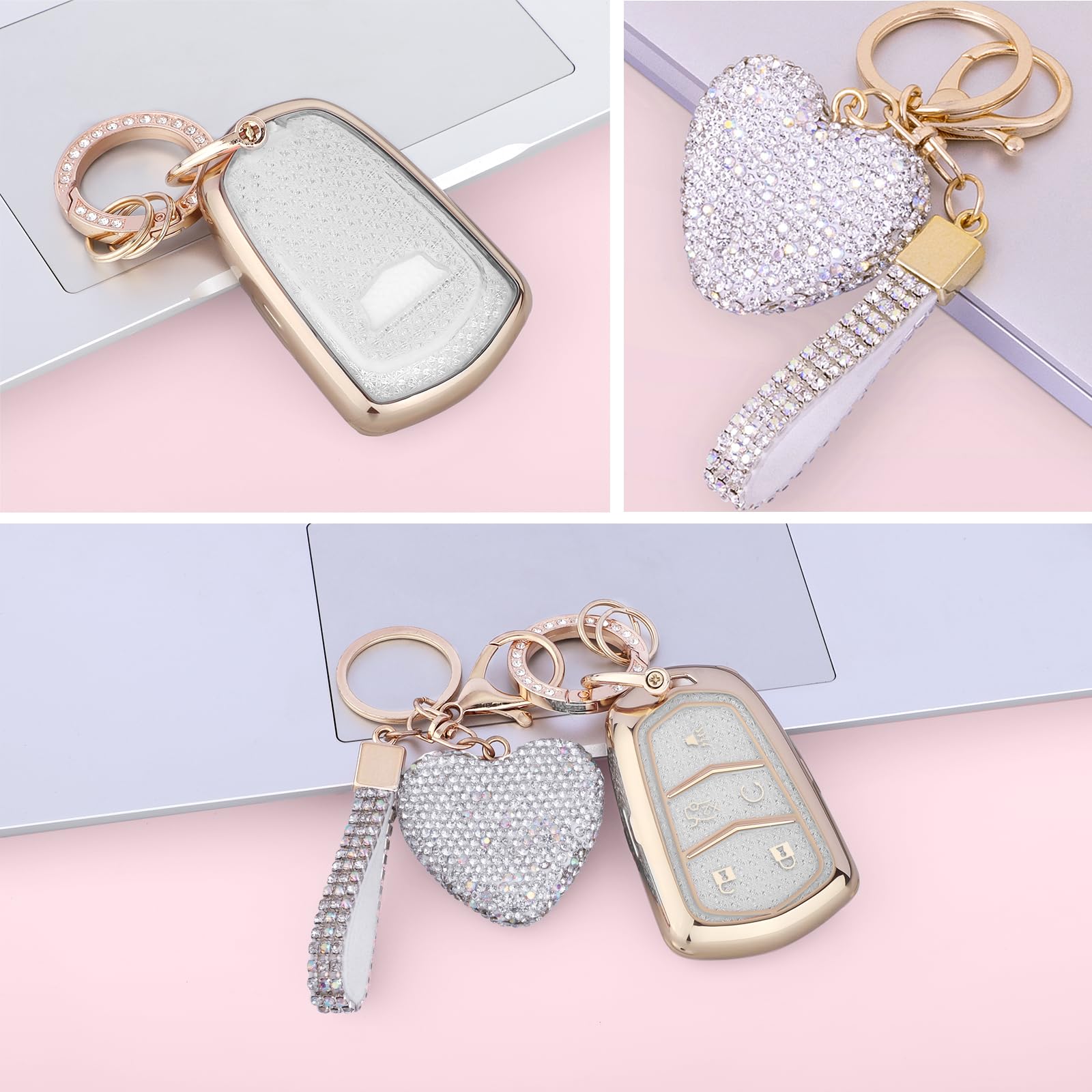 Meruns for Cadillac key fob cover with Diamond Bling Keychain, Car Accessories Key Shell Full Protection for Cadillac Escalade S