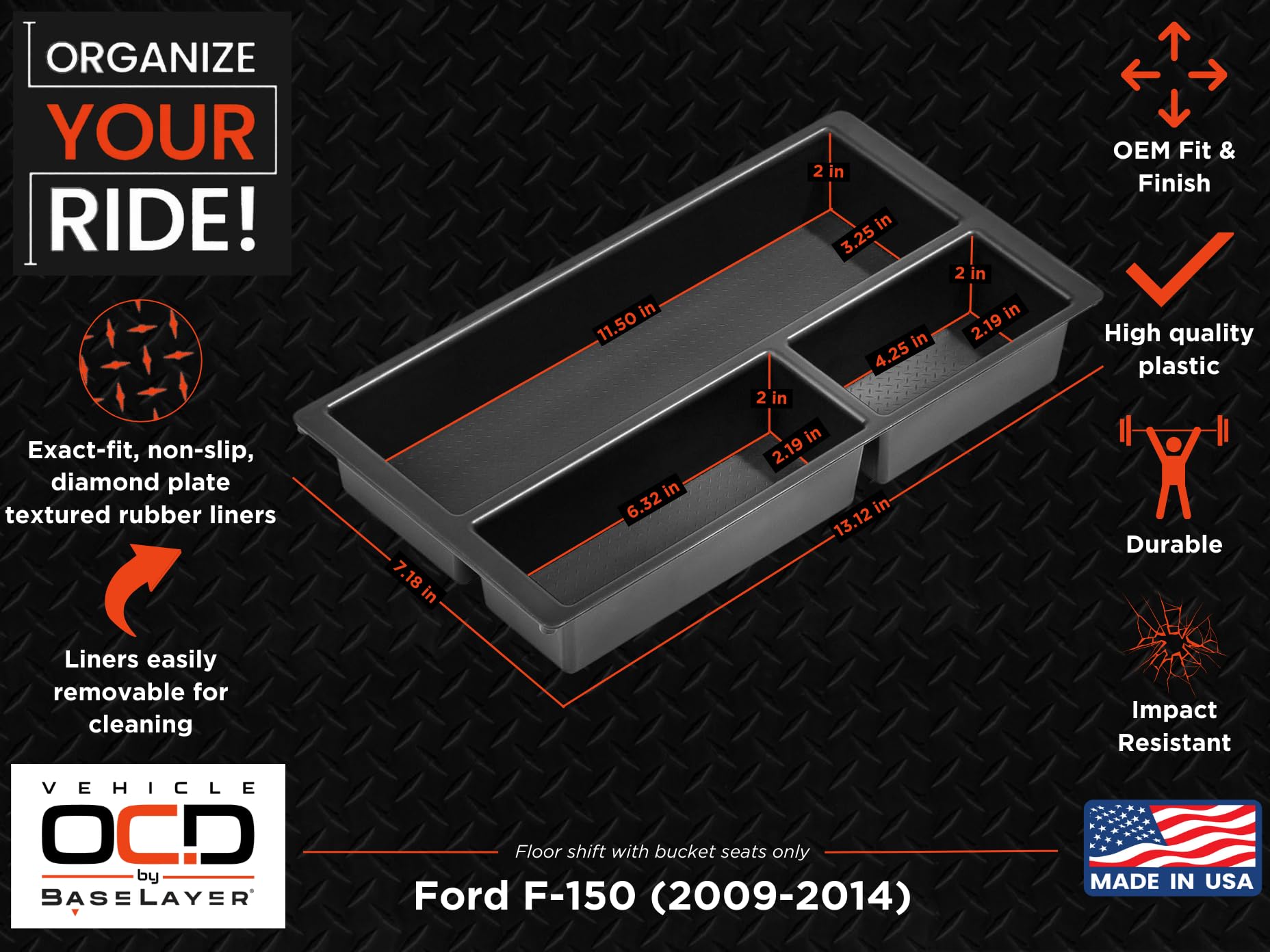 Vehicle Ocd - Center Console Organizer Tray For Ford F150 (2009-2014) (Floor Shift W/Bucket Seat Only) - Made In Usa - Slx141