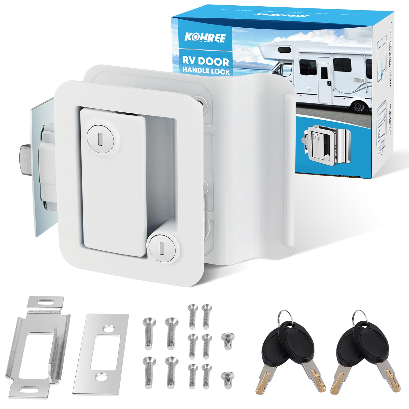 Kohree Upgraded Rv Door Lock Replacement With Paddle Deadbolt, Camper Door Handle Latch, 100% Metal Rv Enclosed Travel Trailer Entry Door Lock With Keys For Camper Horse Trailer Cargo Hauler White