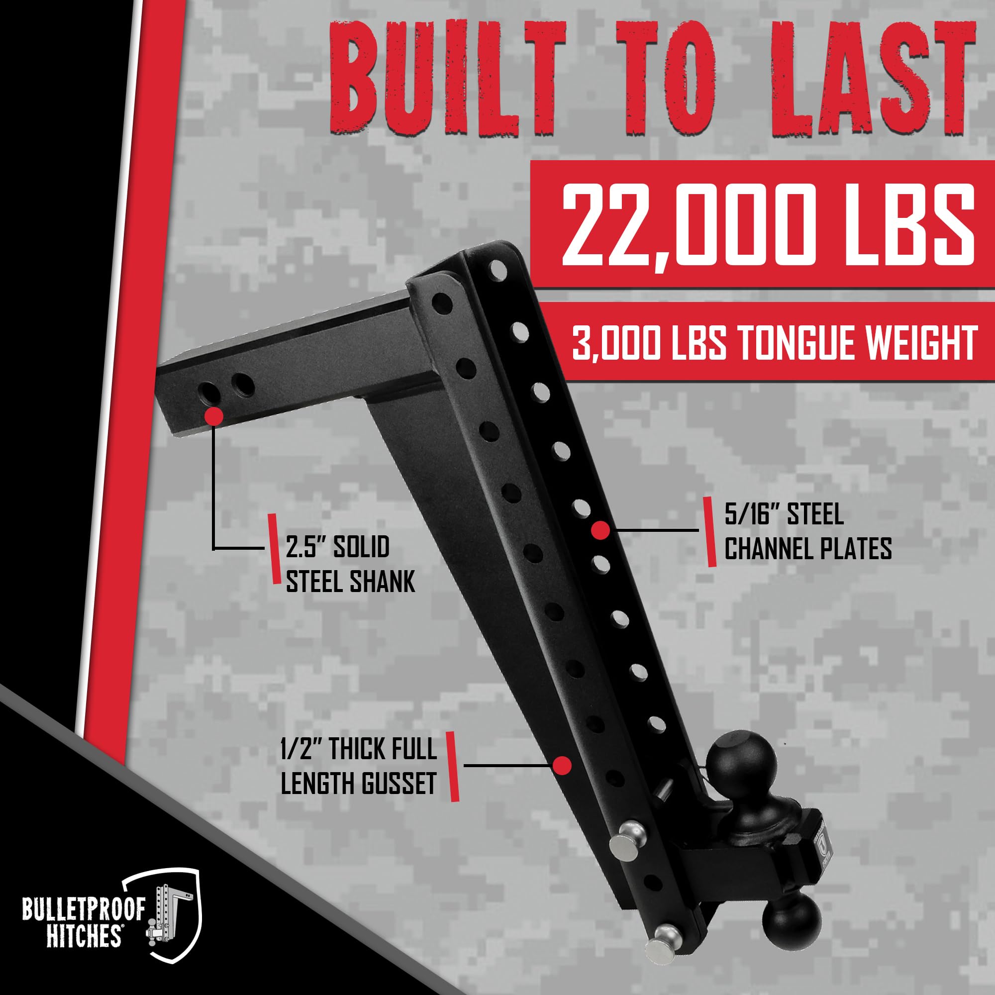Bulletproof Hitches - 2.5'' Adjustable Heavy Duty Trailer Hitch (22,000 Lb. Rating) - 18'' Drop/Rise Trailer Hitch With 2'' & 2-