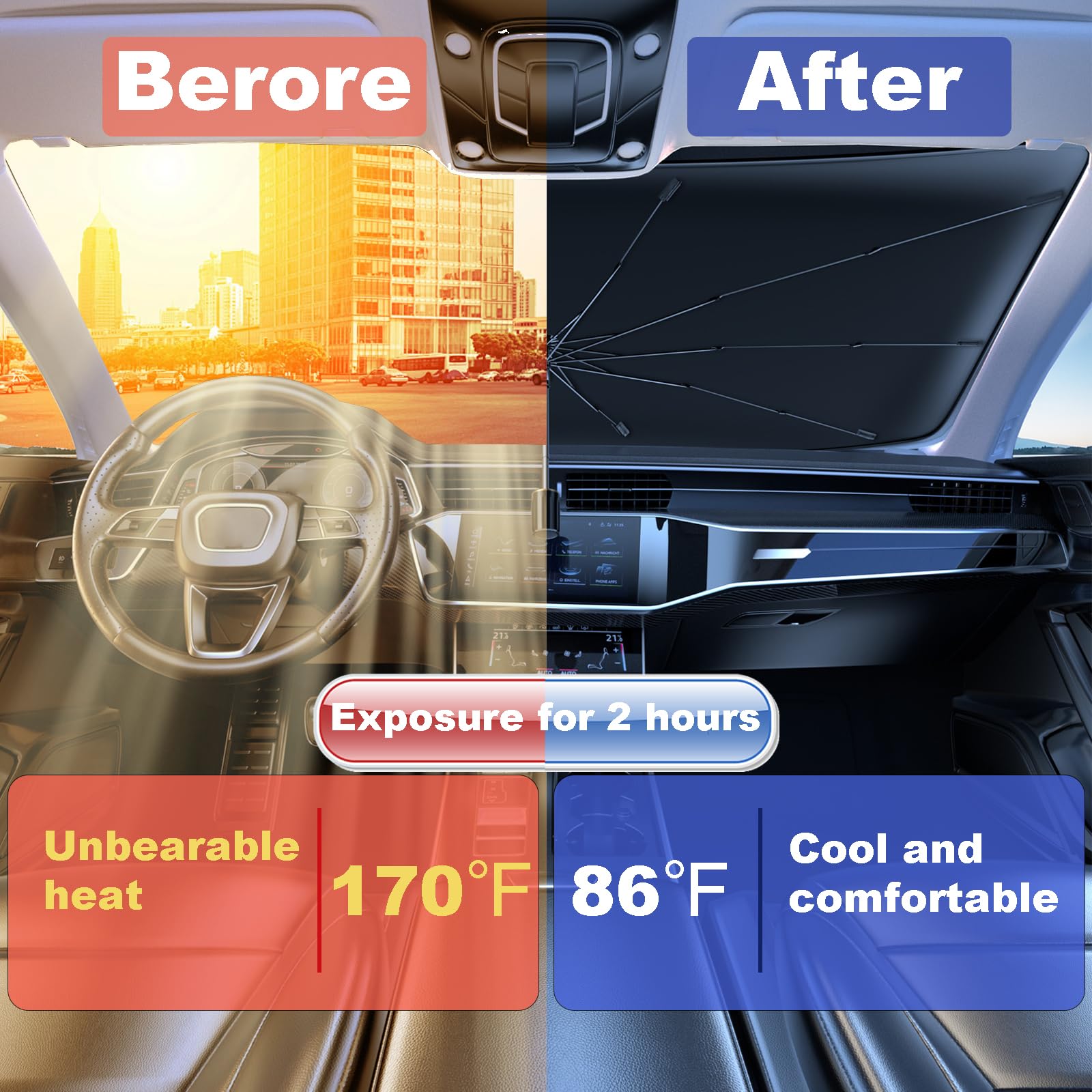 Coricha Windshield Sun Shade Umbrella for Car Front Window Sun Visor for Windshield 2025 Car Summer Accessories 100% Blackout Pr