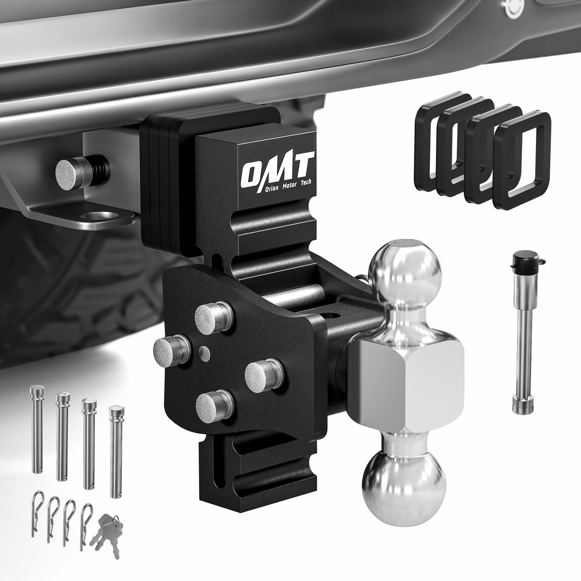 Orion Motor Tech Adjustable Trailer Hitch, Fits 2.5 Receiver, 5 Drop Hitch with 2 & 2-5/16 Balls, Anti-Theft Steel Tow Hitch Sto