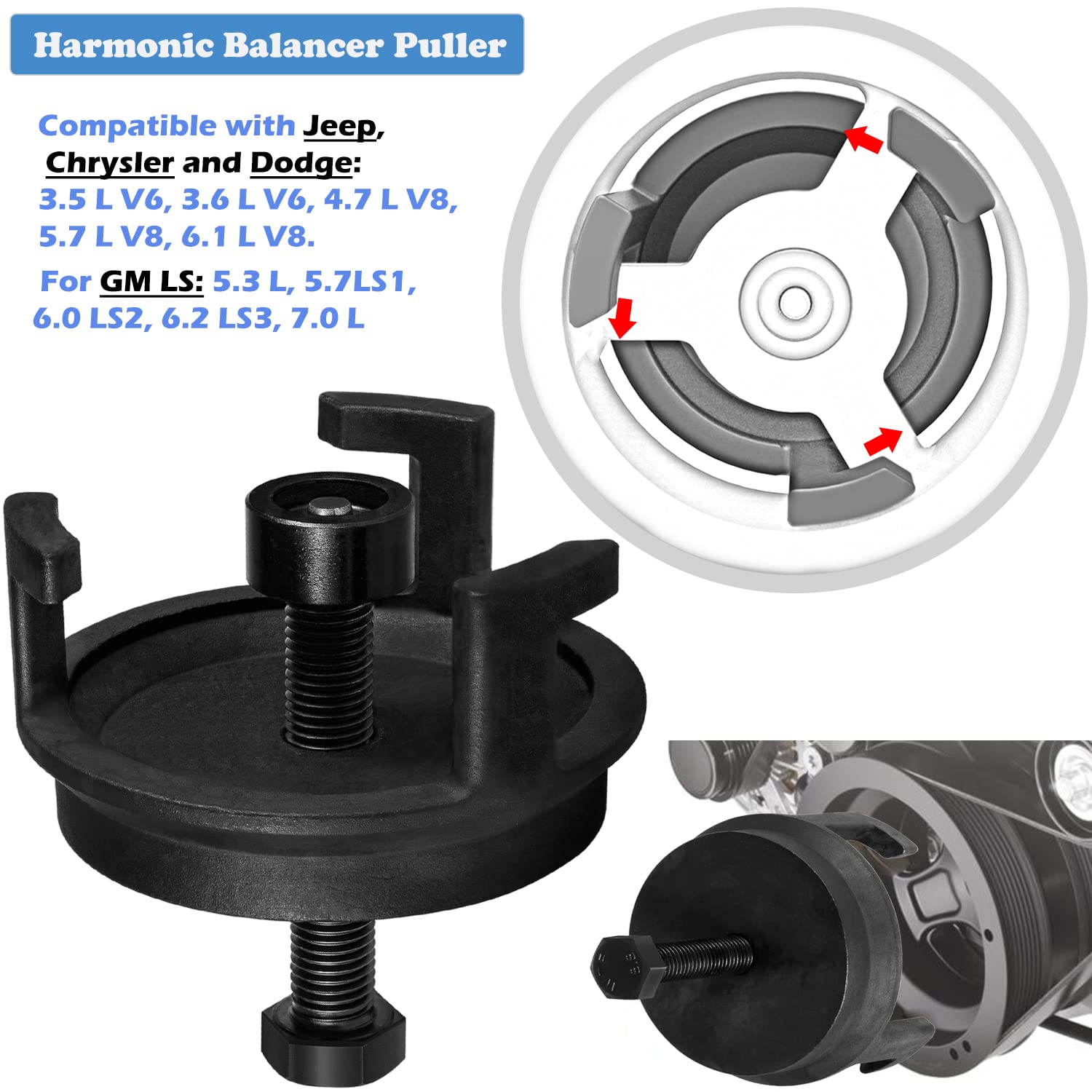 For GM 25264 Harmonic Balancer Puller and LS Harmonic Balancer Installation Tool 1997-UP V8 LS1 LS2 LS3 LS4 LSX LSA LS6 LQ4 LQ9,