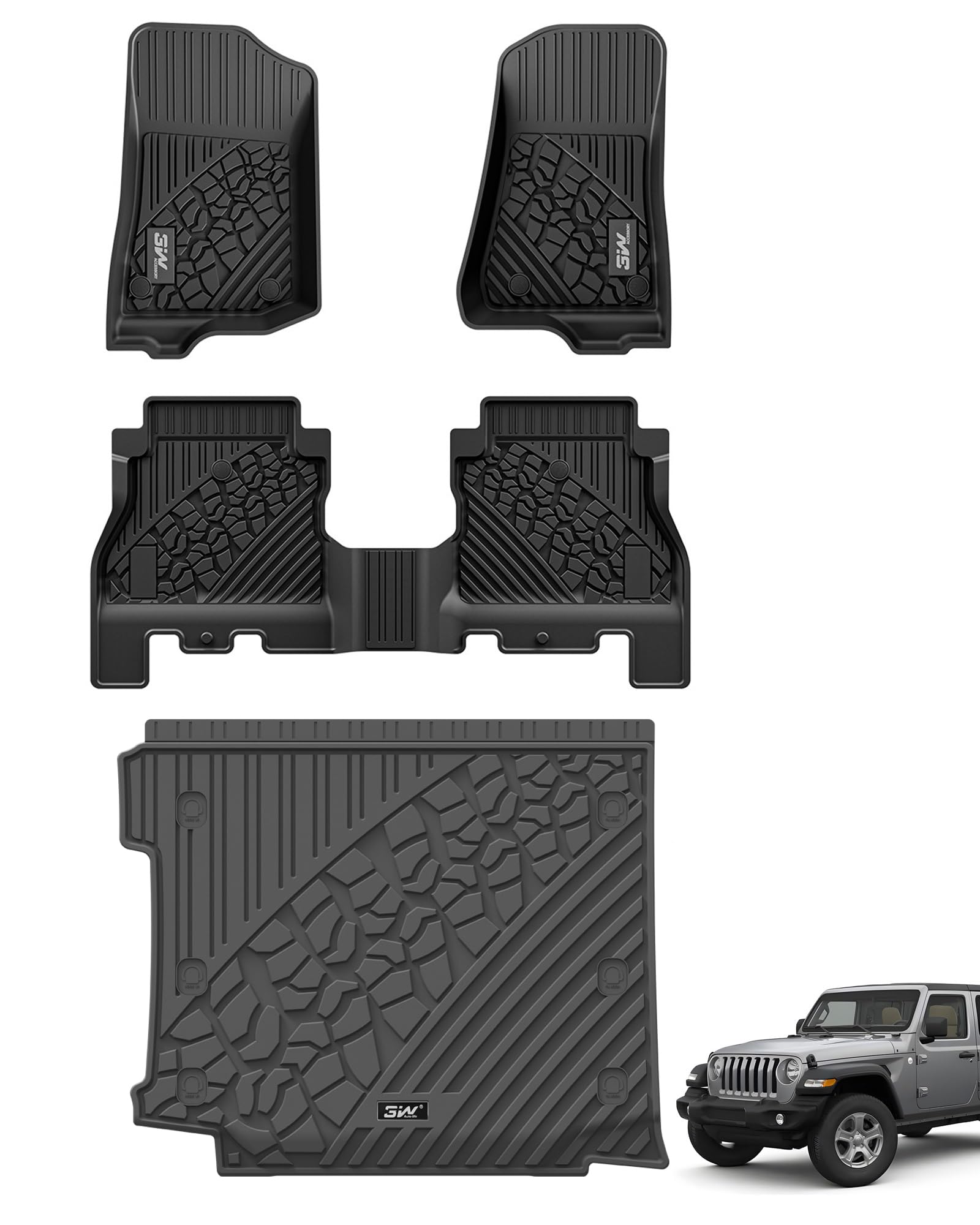 3W Floor Mats&Cargo Liner Compatible for Jeep Wrangler JL 2018-2024 Unlimited 4-Door with Subwoofer (Non JK or 4XE) All-Weather 