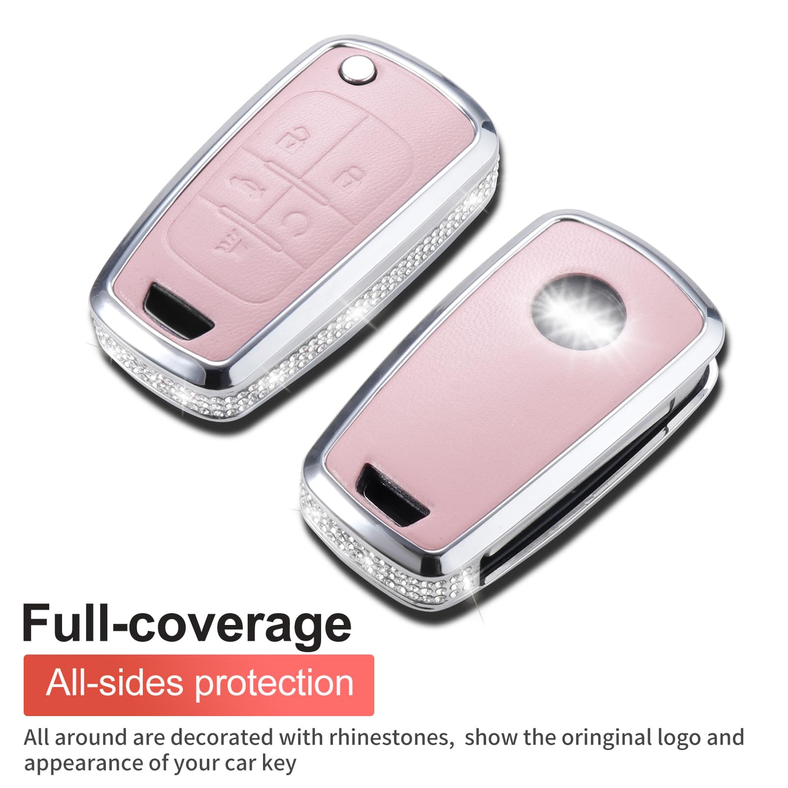 Ruabiban For Chevy Key Fob Cover With Keychain, Pink Leather Crystal Key Case Protection Shell Compatible With Chevrolet Equinox