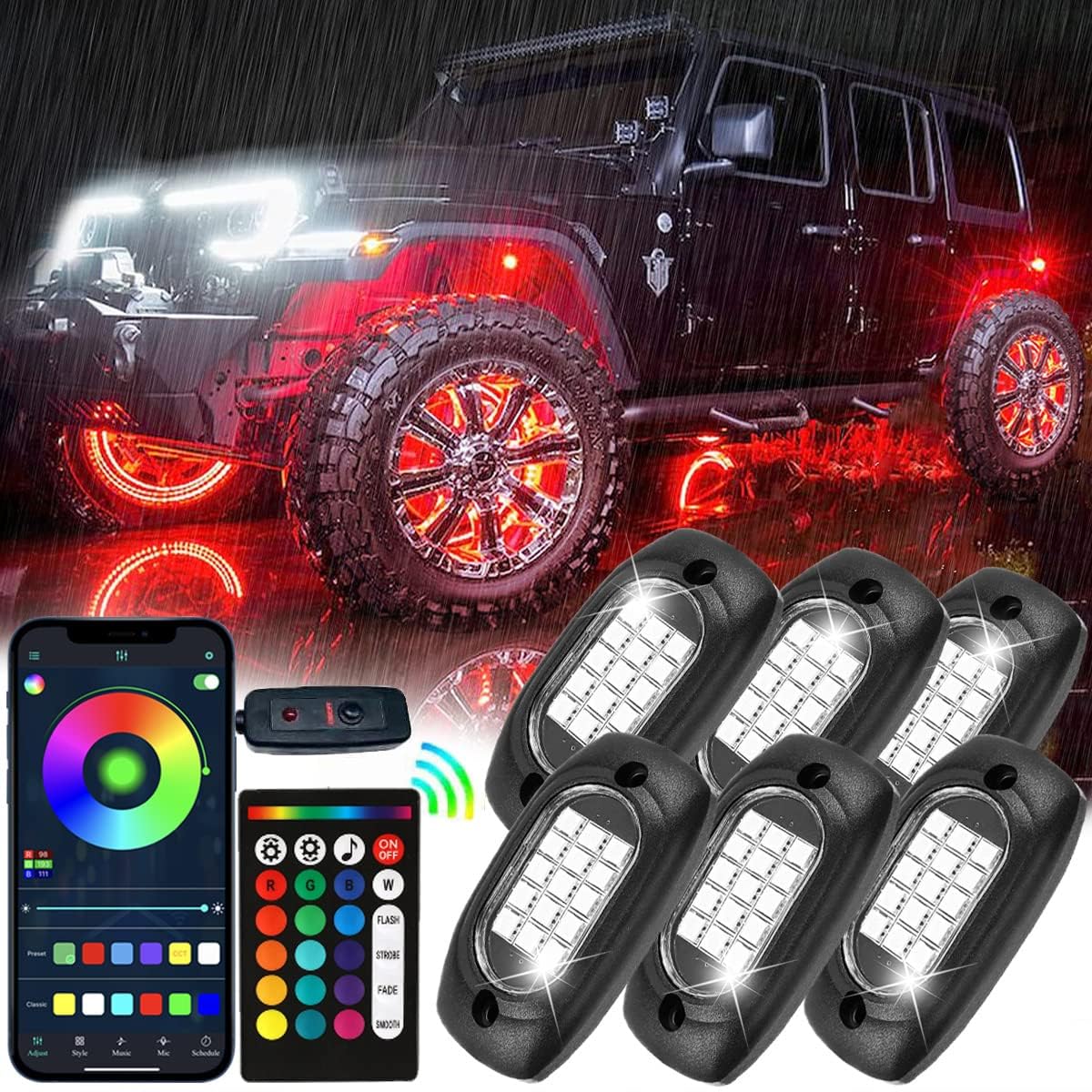 6Pods Dreamcolor Led Rock Lights, Underglow Rgb Neon Lights With Bluetooth App & Remote Control, High Bright Waterproof Ip68 Whe