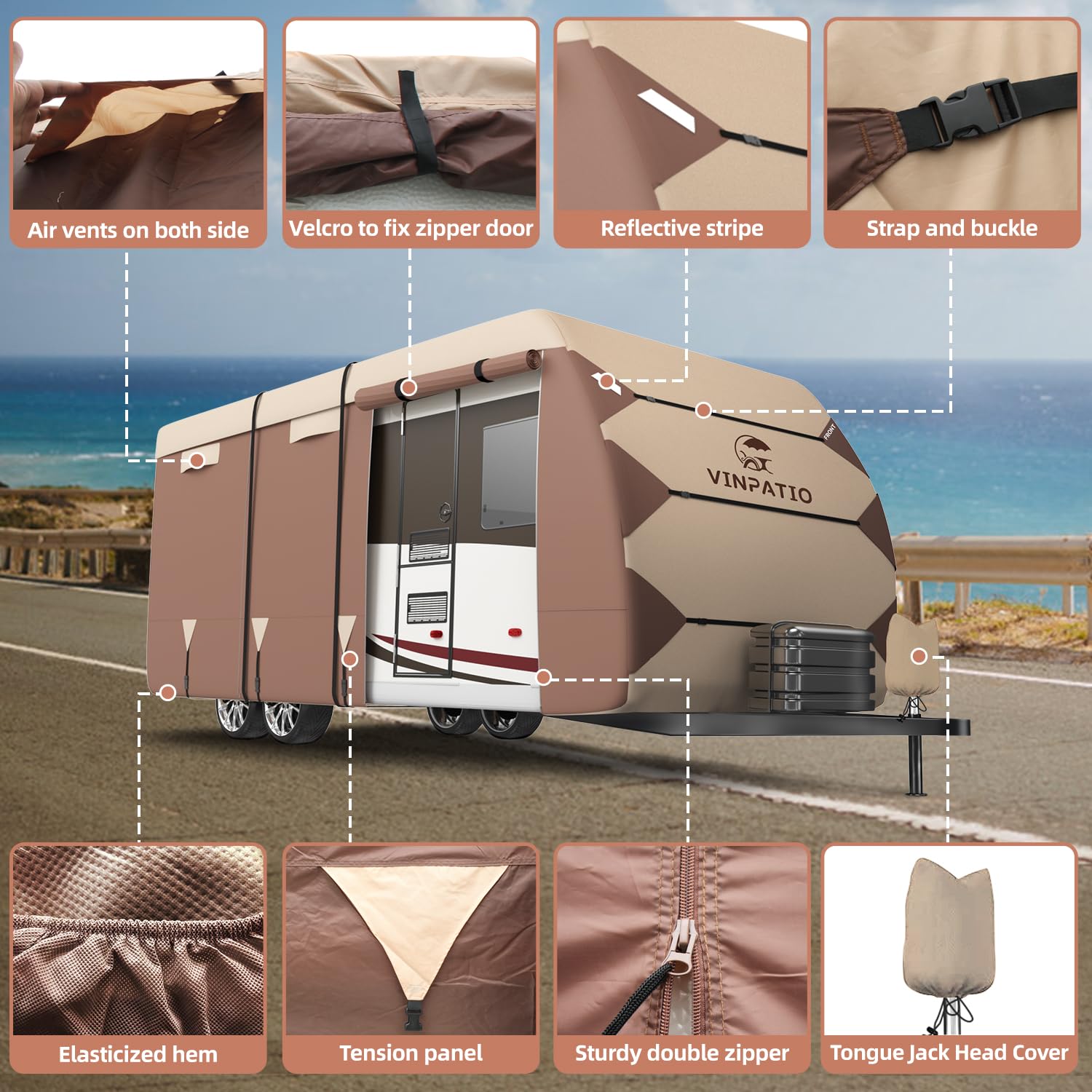 Vinpatio Oxford Fabric Travel Trailer Rv Cover, Toy Hauler Cover Fits 24'-27' Rv Heavy Duty 300D Ripstop Anti-Uv Waterproof Wind