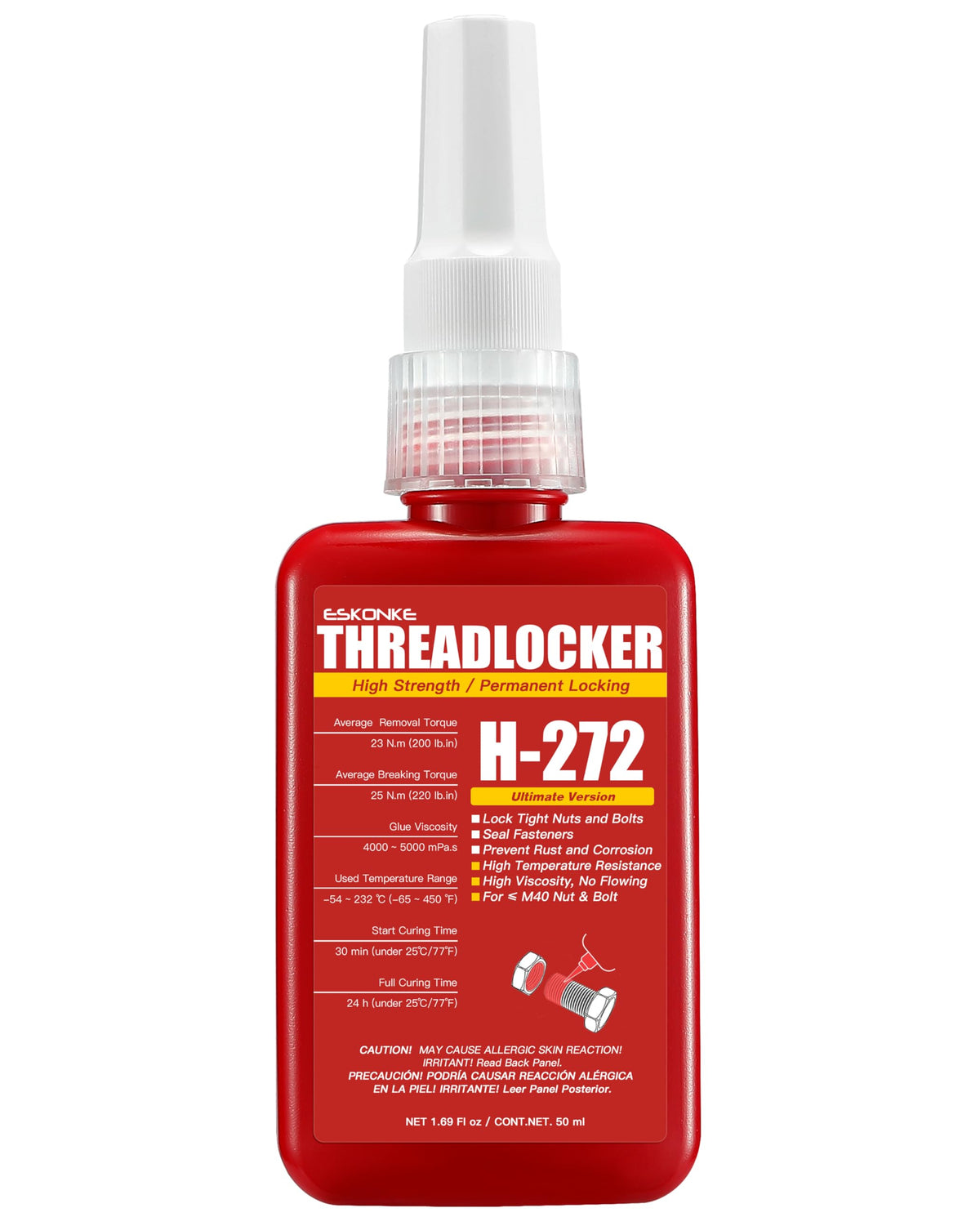 Eskonke Red Thread Locker 272 Nuts & Bolts Locker High Strength Permanent Locking 1.69 Fl Oz Threadlocker Lock Tight & Seal Fasteners Anaerobic Curing Metal Glue (272)