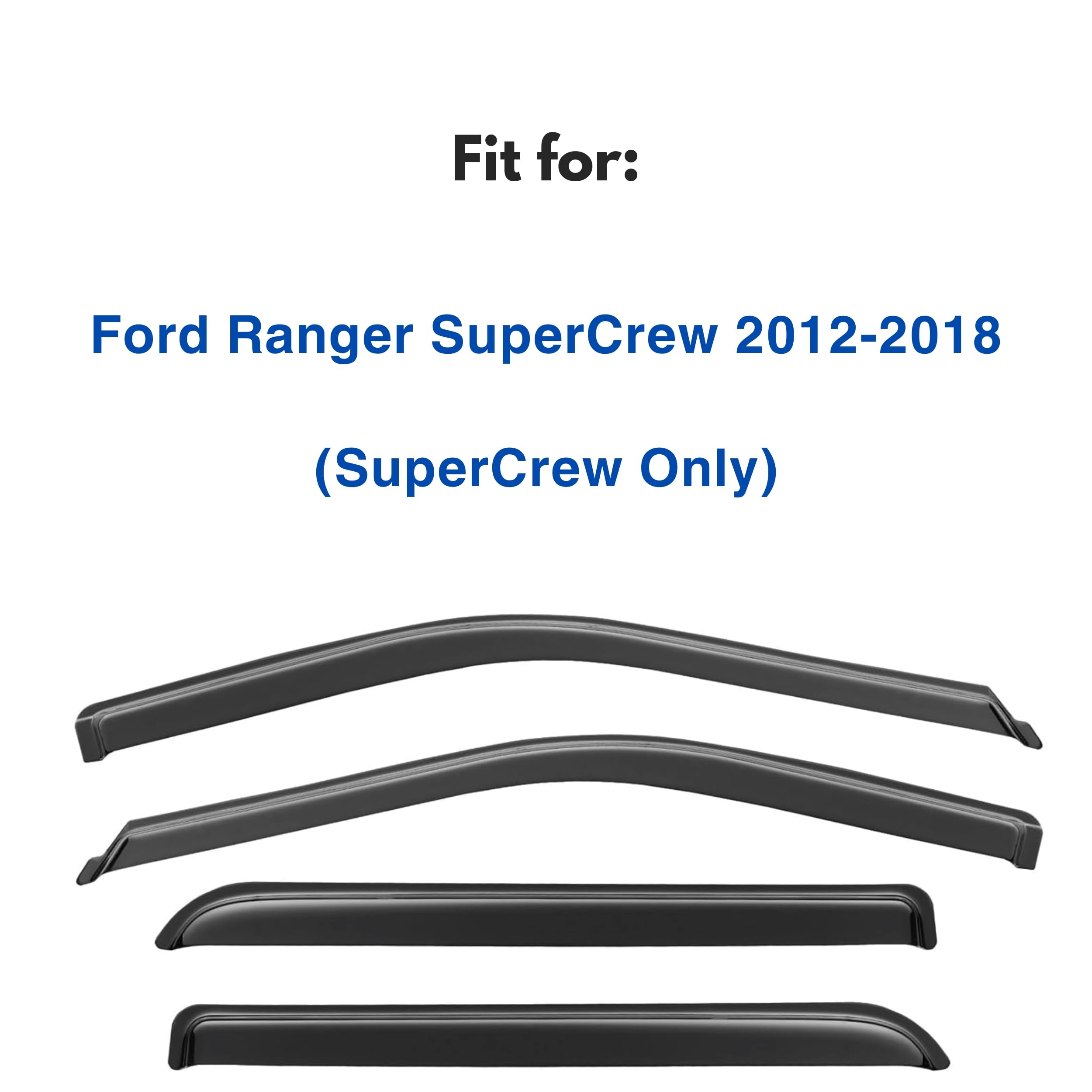 Ig Window Visor For Ford Ranger Supercrew 2019-2024, Rain Guard Tape-On Extra Durable Sun Wind Side Vent Window Deflector, 2019