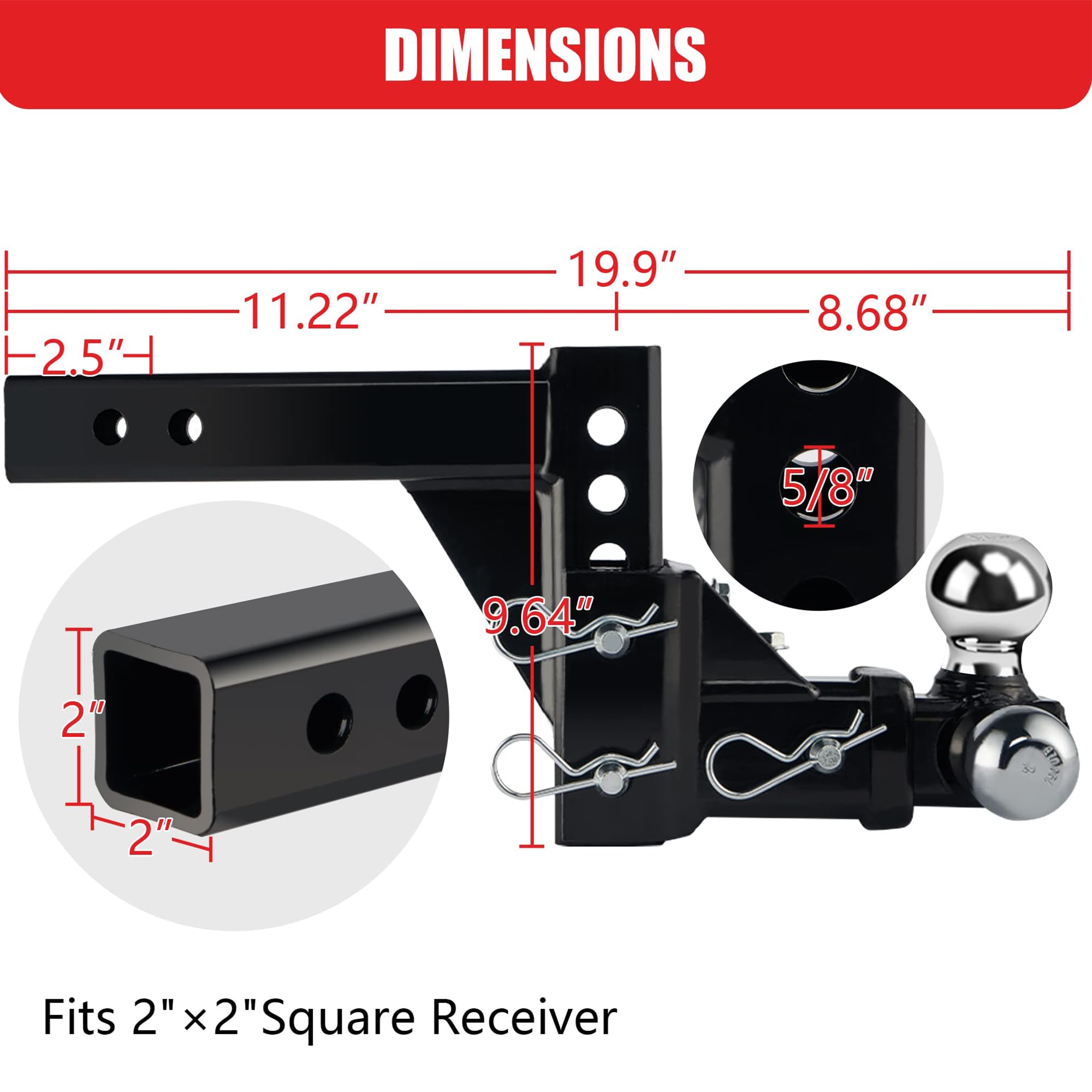 TYT Tri-Ball Adjustable Trailer Hitch Ball Mount, 1-7/8, 2, 2-5/16, 2 Receiver, 5 Rise/Drop,